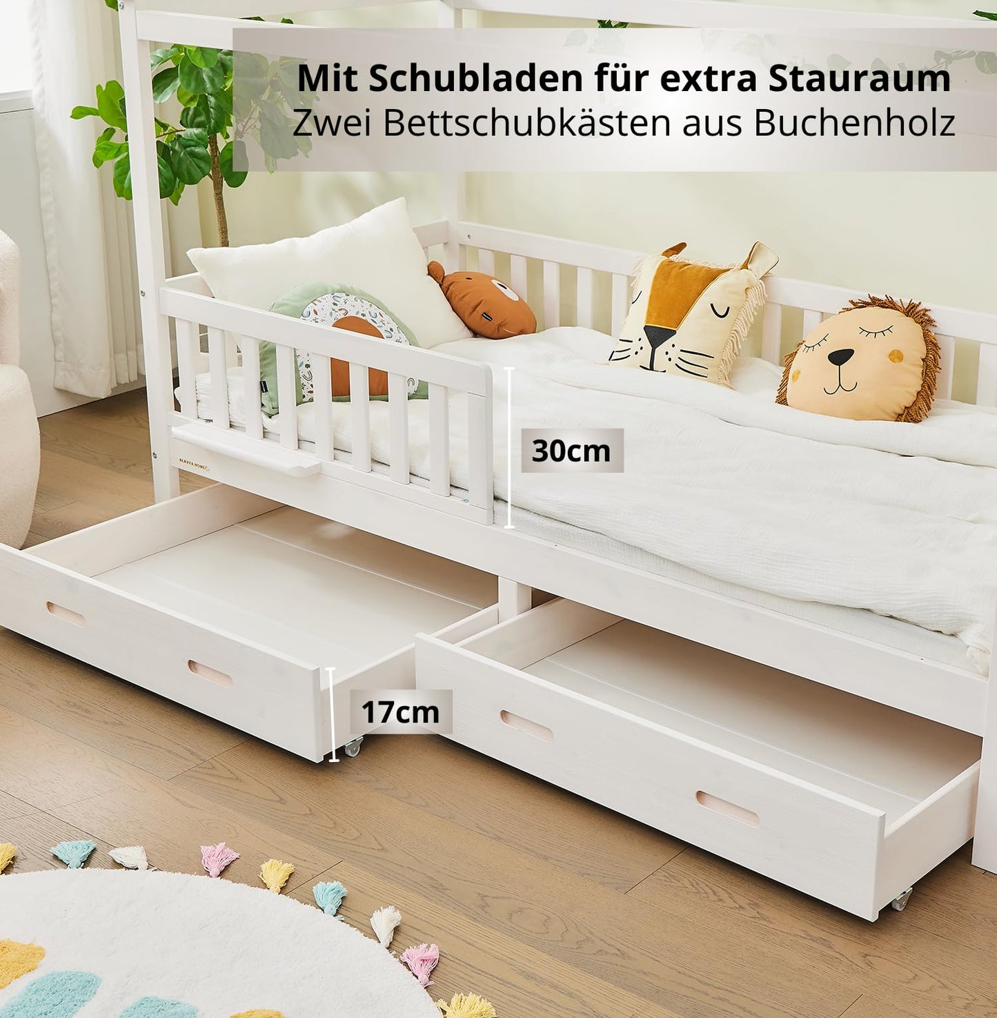 ALAVYA HOME® Hausbett KOMPLETT Set mit Musselin DEKO I Kinderbett 90x200 cm mit Schubladen inkl. 100% Bio-Musselin, Baumwolle Deko und Matratze I Massivholzbett mit Rausfallschutz und Lattenrost