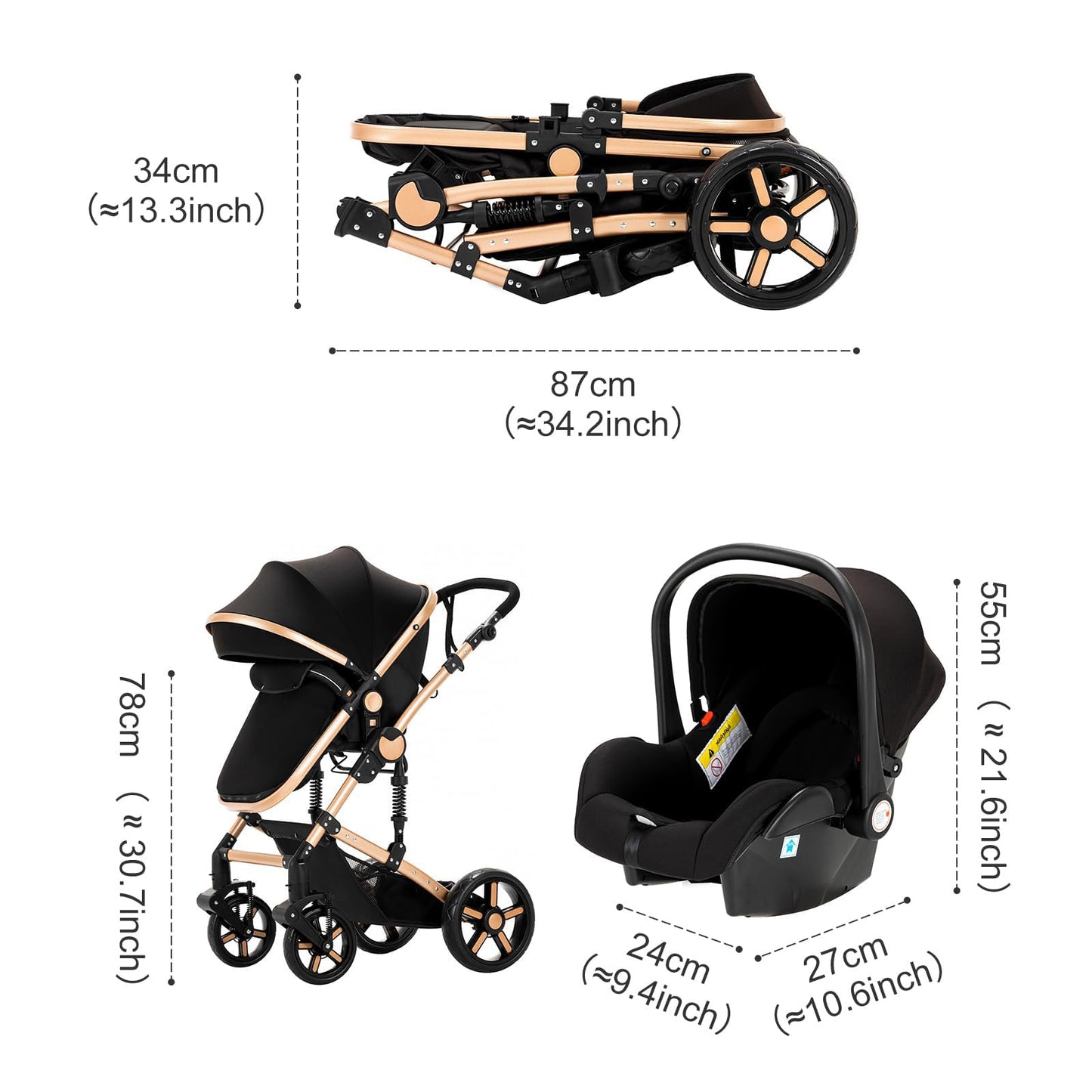 Prokoke Kinderwagen 3 in 1, Buggy mit Umkehrbarem Zwei-Wege-Schub, Kinderwagen Rahmen Aluminiumlegierung, Kombikinderwagen 3 in 1 Einem Klick Faltbar Baby Kleinkind Neugeborene (black gold 588)