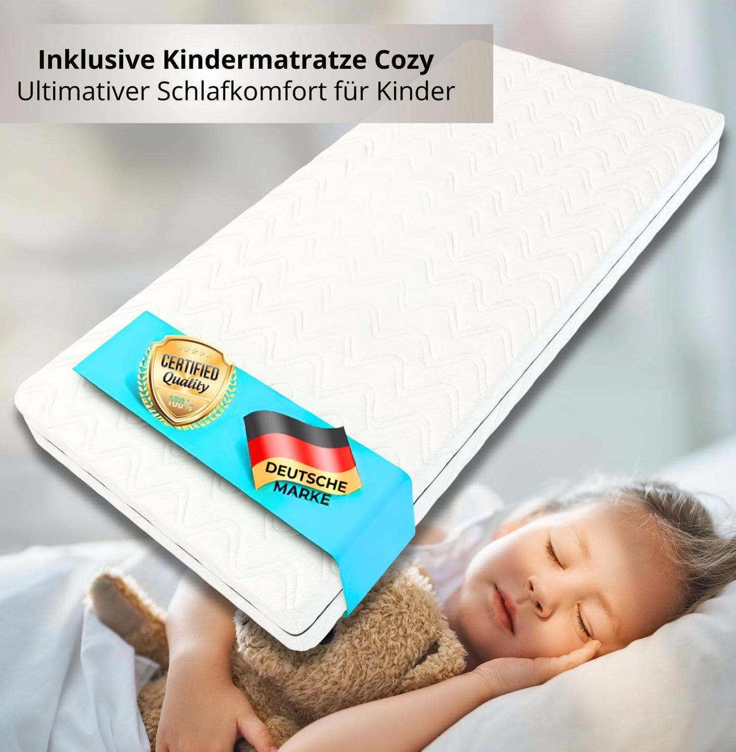 ALAVYA HOME® Hausbett KOMPLETT Set mit Musselin DEKO I Kinderbett 90x200 cm mit Schubladen inkl. 100% Bio-Musselin, Baumwolle Deko und Matratze I Massivholzbett mit Rausfallschutz und Lattenrost