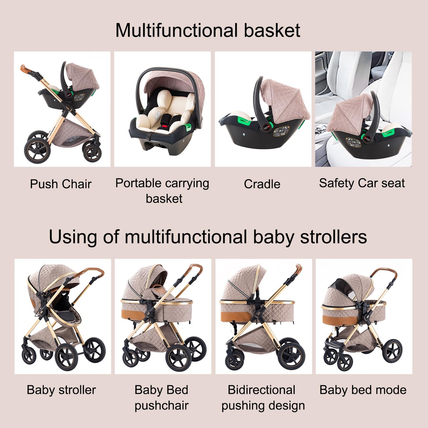 BEBBY 3-in-1 Kinderwagen KombiKinderwagen-Set 2-in-1 Buggy faltbar Luxus Hochlandschaft Neugeborenes Tragbarer Zusammenklappbarer Kinderwagen Travel System (Blackgold, H2)