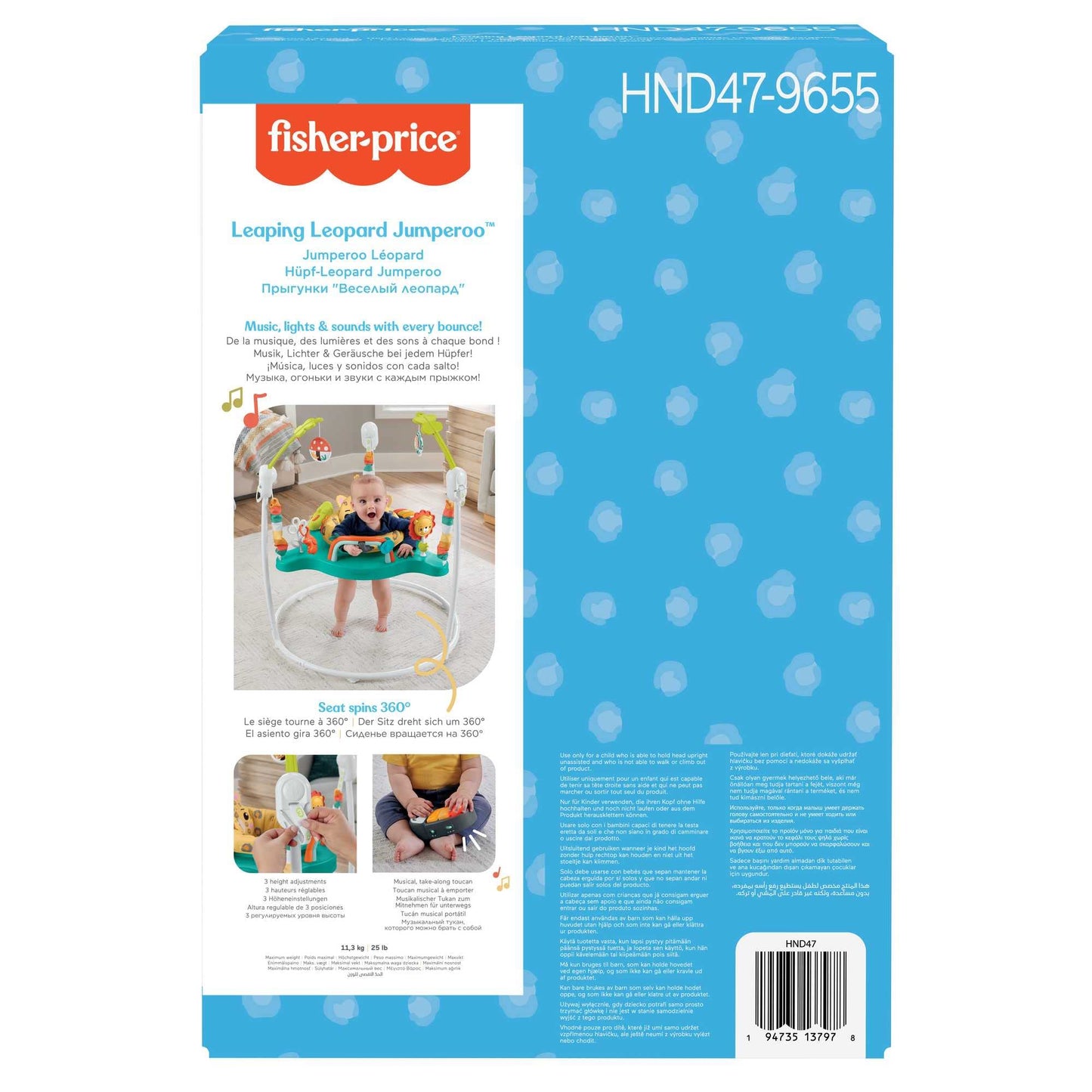 Fisher-Price Hüpf-Leopard Jumperoo - Spielcenter mit Wippe, 360 Grad Sitz, abnehmbarer Tukan, höhenverstellbar, mit Lichtern und Geräuschen, für Babys ab 6 Monaten, HND47