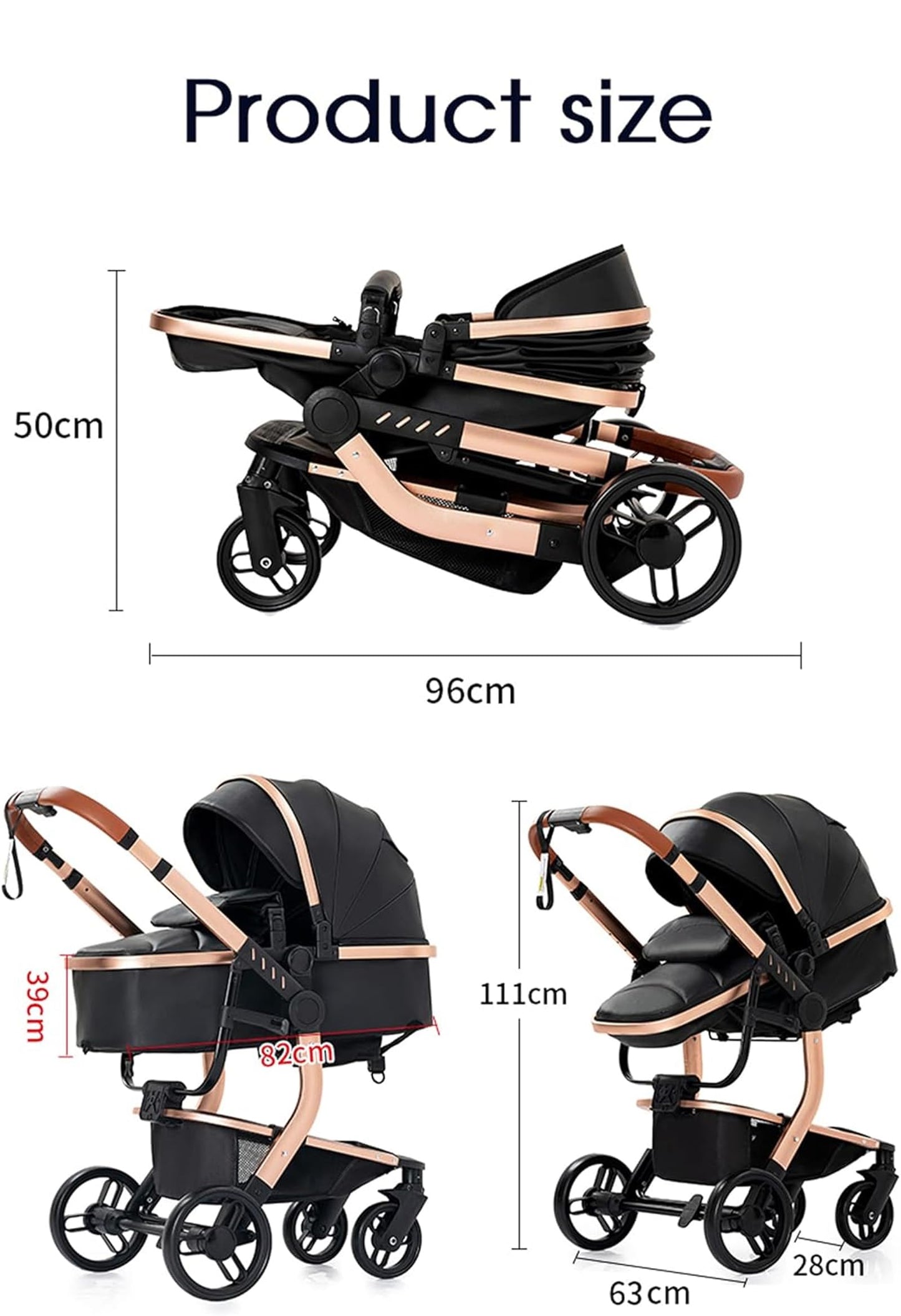 NADDLILY PU-Leder Kinderwagen 3 in 1, Buggy mit Umkehrbarem Zwei-Wege-Schub, Kinderwagen Faltbarem Tragbarem One-Click-Design, Kinderwagen 3 in 1 Komplettset mit Zubehör Hohe Landschaft (L518 Khaki)