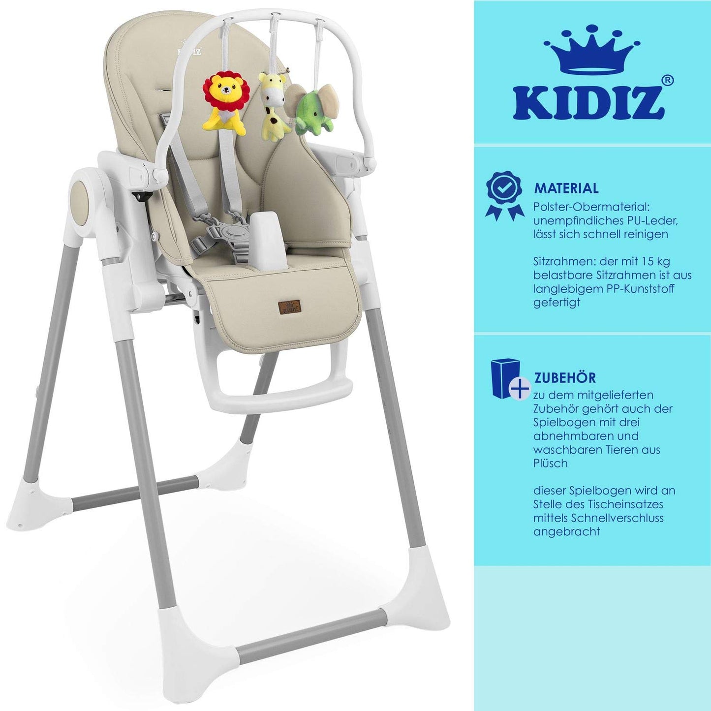KIDIZ® 3in1 Hochstuhl Kinderhochstuhl inkl. Spielbügel, Babyliege, Kombihochstuhl Babyhochsitz,7 höhenverstellbar Verstellbare Rückenlehne, mitwachsend ab 0 bis 36 Monate Babystuhl, Beige