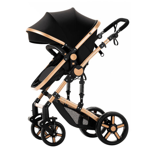 Prokoke Kinderwagen 3 in 1, Buggy mit Umkehrbarem Zwei-Wege-Schub, Kinderwagen Rahmen Aluminiumlegierung, Kombikinderwagen 3 in 1 Einem Klick Faltbar Baby Kleinkind Neugeborene (black gold 588)