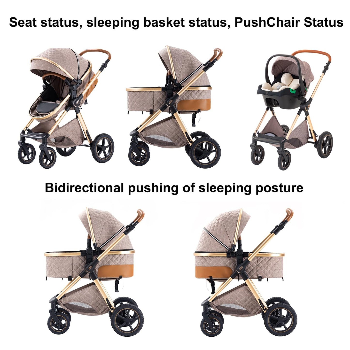BEBBY 3-in-1 Kinderwagen KombiKinderwagen-Set 2-in-1 Buggy faltbar Luxus Hochlandschaft Neugeborenes Tragbarer Zusammenklappbarer Kinderwagen Travel System (Blackgold, H2)