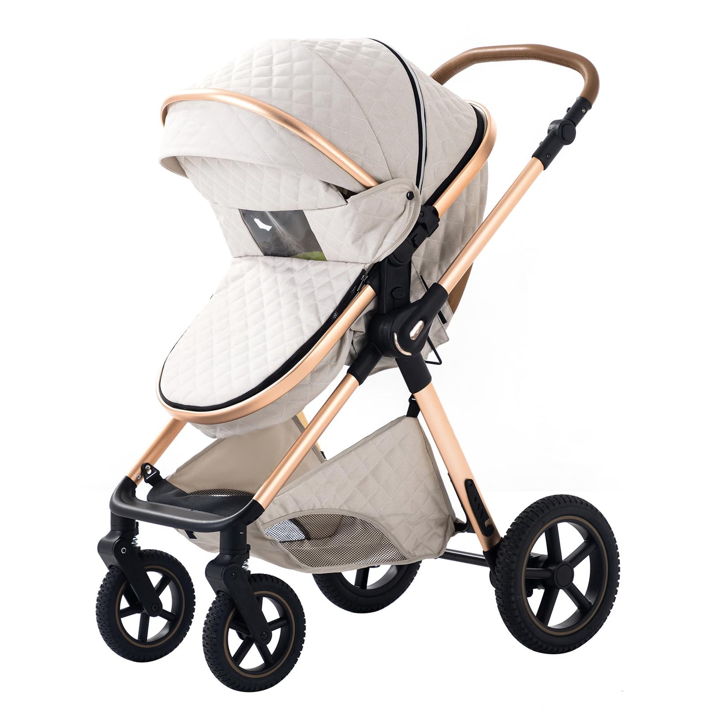 BEBBY 3-in-1 Kinderwagen KombiKinderwagen-Set 2-in-1 Buggy faltbar Luxus Hochlandschaft Neugeborenes Tragbarer Zusammenklappbarer Kinderwagen Travel System (Rice white, H2)