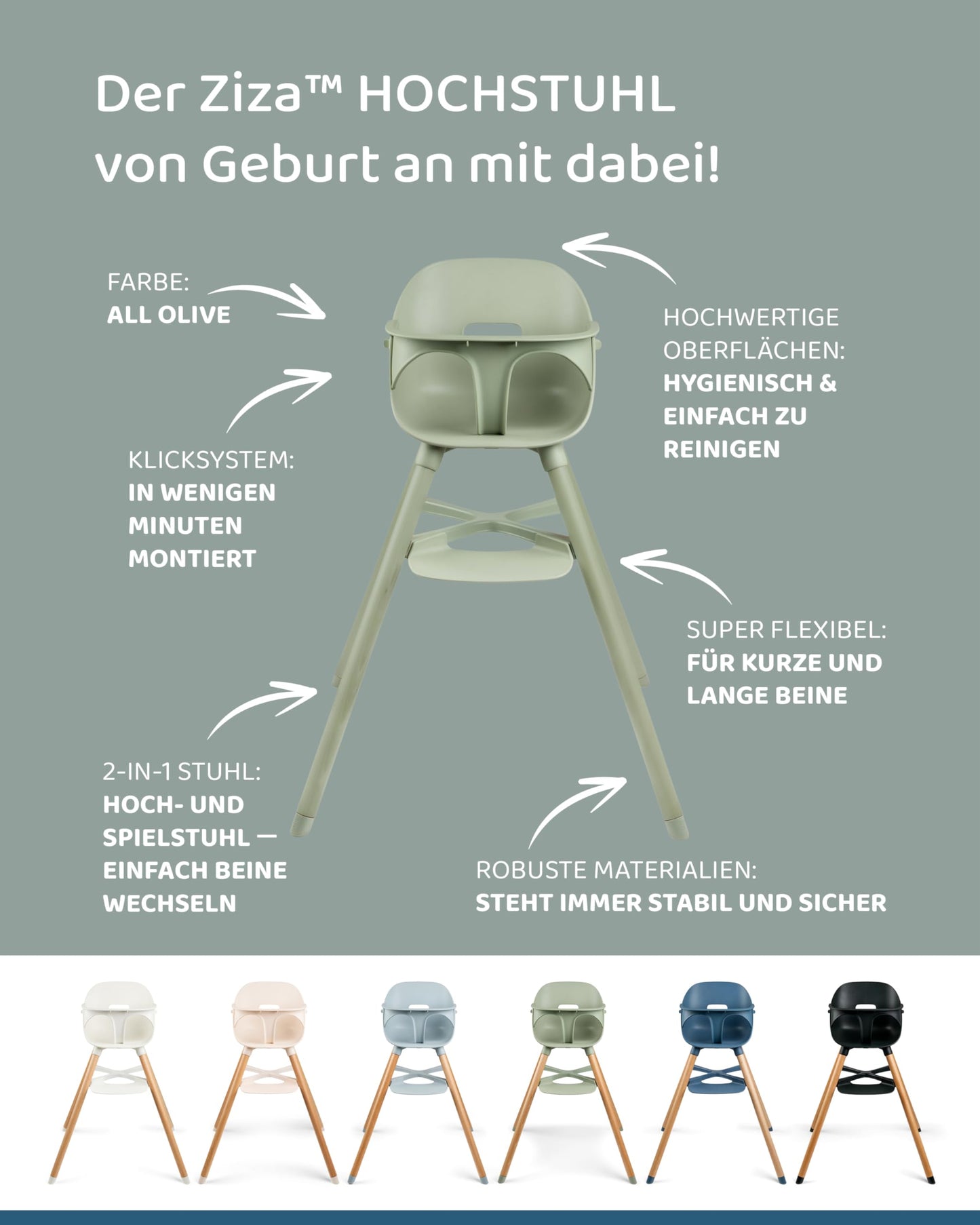 Ziza Hochstuhl für Babys ab 6 Monaten All Olive - Kippsicherer & ergonomischer Kinderstuhl für die ersten Lebensjahre, Einfach aufzubauen, leicht zu reinigen