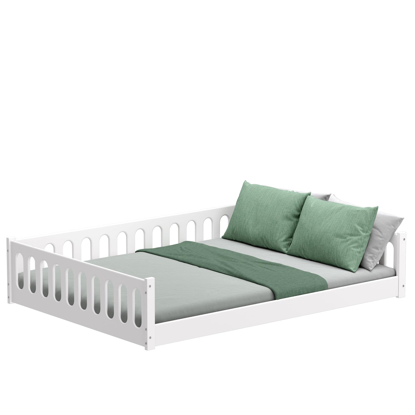 CADANI Monte 2in1 Bodenbett 140x200 cm Montessori Kinderbett Rausfallschutz abnehmbar - weiß, 46 kg schwer, bis 200 kg belastbar, extra starker Roll-Lattenrost, umbaubar