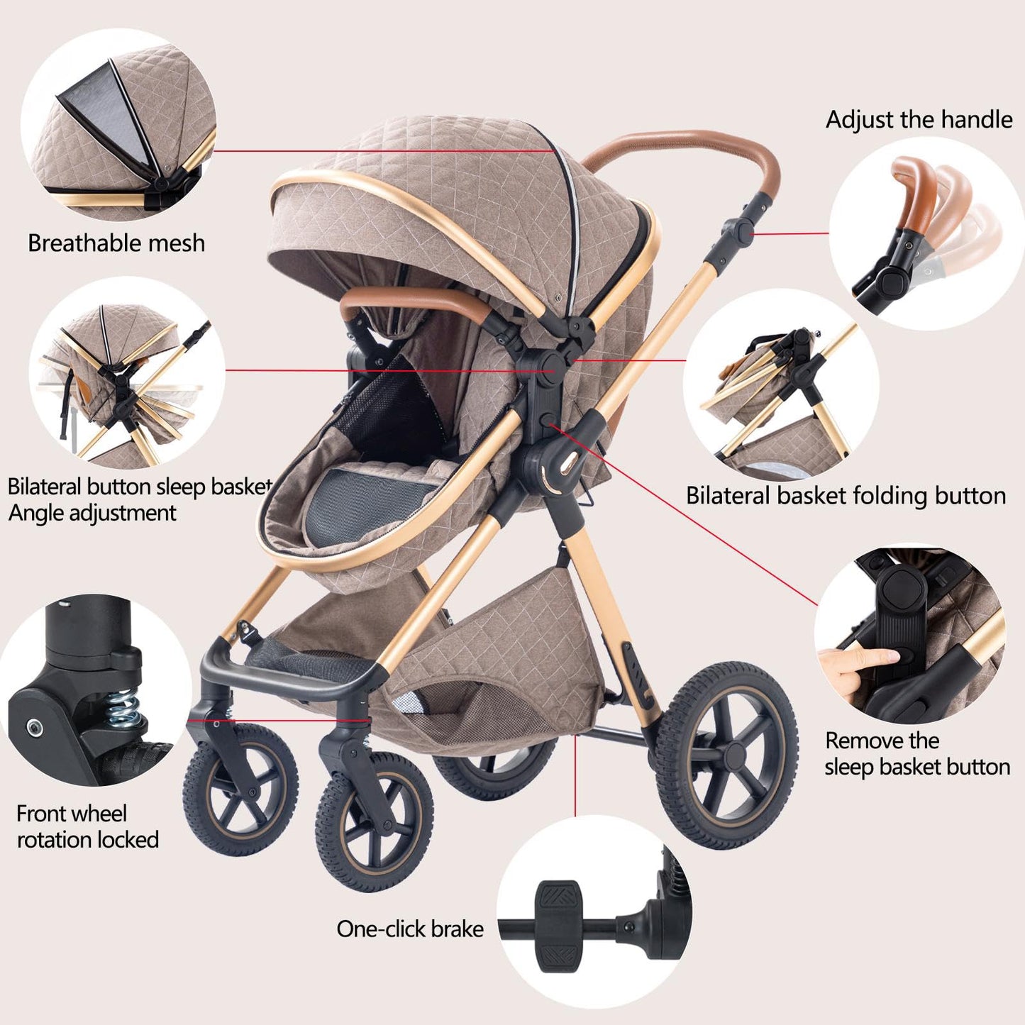 BEBBY 3-in-1 Kinderwagen KombiKinderwagen-Set 2-in-1 Buggy faltbar Luxus Hochlandschaft Neugeborenes Tragbarer Zusammenklappbarer Kinderwagen Travel System (Blackgold, H2)