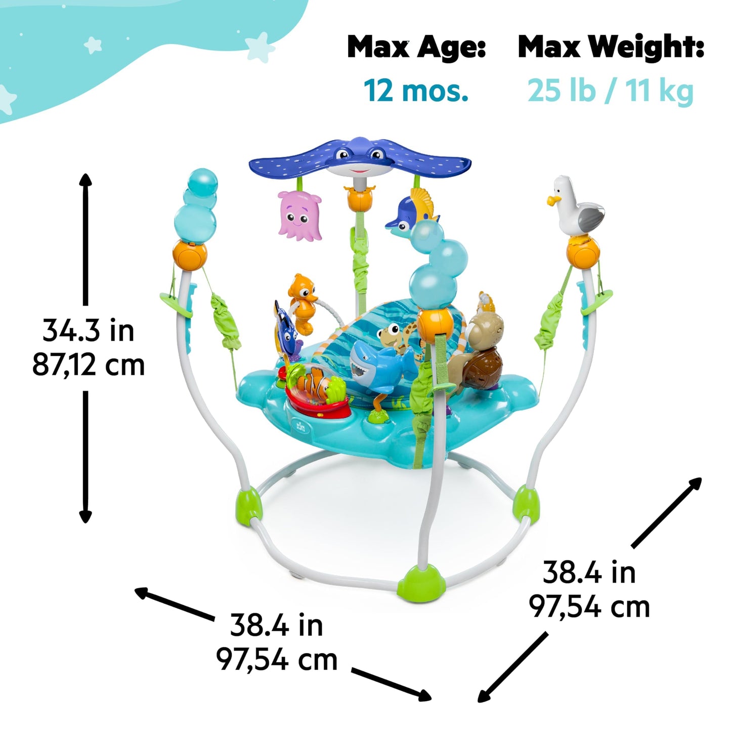 Bright Starts, Disney Baby, Findet Nemo Spring- und Spielcenter mit Spielstation mit Lichtern und Musik, 13 Aktivität Spielzeug, 360° drehender Sitz, höhenverstellbares, Kinder ab 6 Monaten