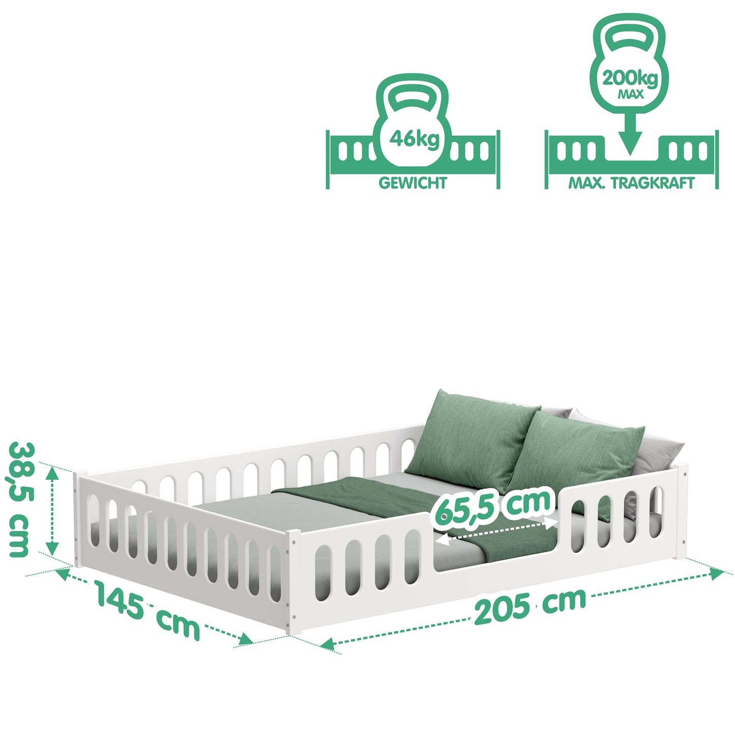 CADANI Monte 2in1 Bodenbett 140x200 cm Montessori Kinderbett Rausfallschutz abnehmbar - weiß, 46 kg schwer, bis 200 kg belastbar, extra starker Roll-Lattenrost, umbaubar
