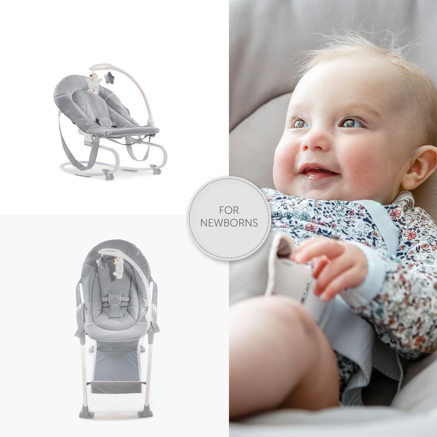 hauck Hochstuhl mit Babywippe Sit N Relax 3in1 ab Geburt bis 15 kg mit Wippgestell, Höhenverstellbares Gestell mit Rollen, Klappbar, Verstellbar, XL Korb, Wippe mit Spielebogen (Stretch Grey)