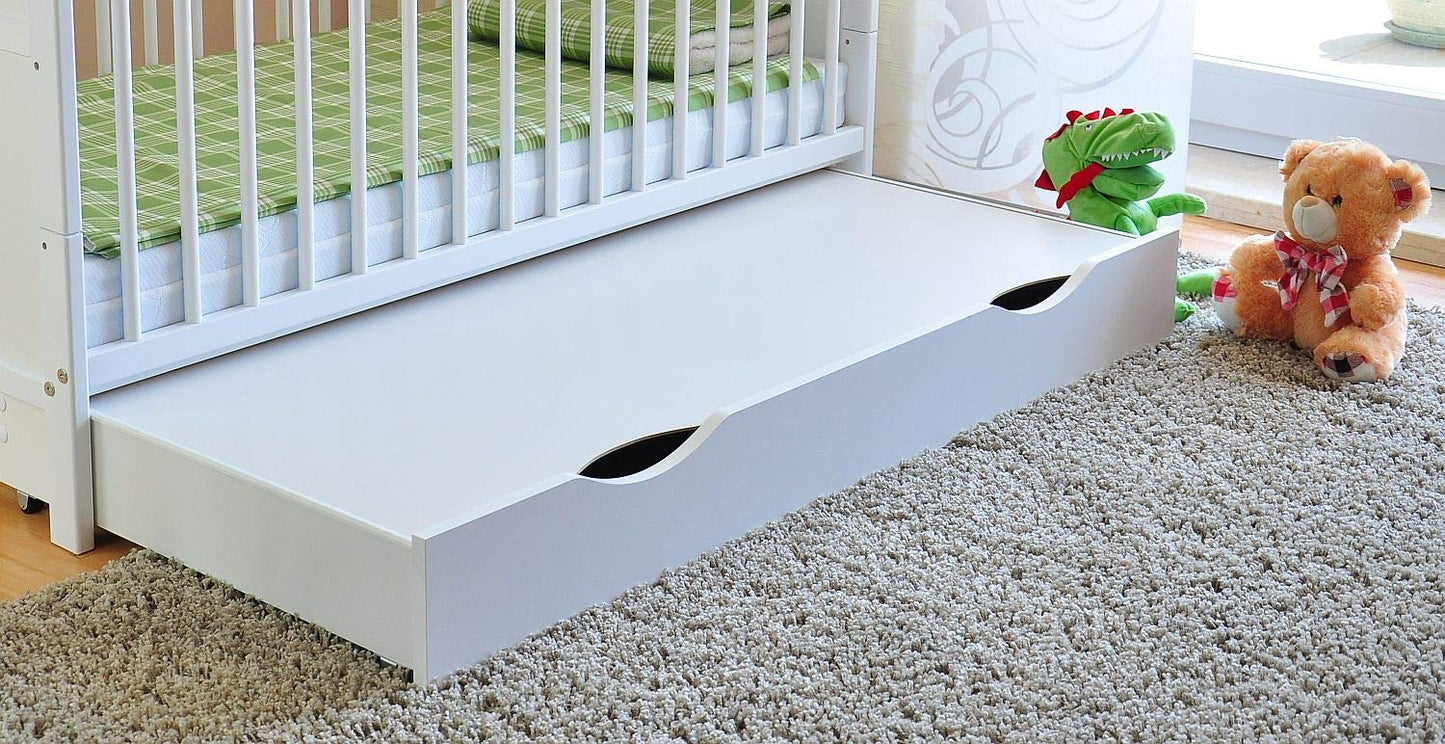 Marsell Baby Gitterbett mit Schublade mit Deckel Babybett Kinderbett mit Aloe Vera Schaumstoffmatratze Zahnschienen höhenverstellbar Weiß umbaubar zum Juniorbett