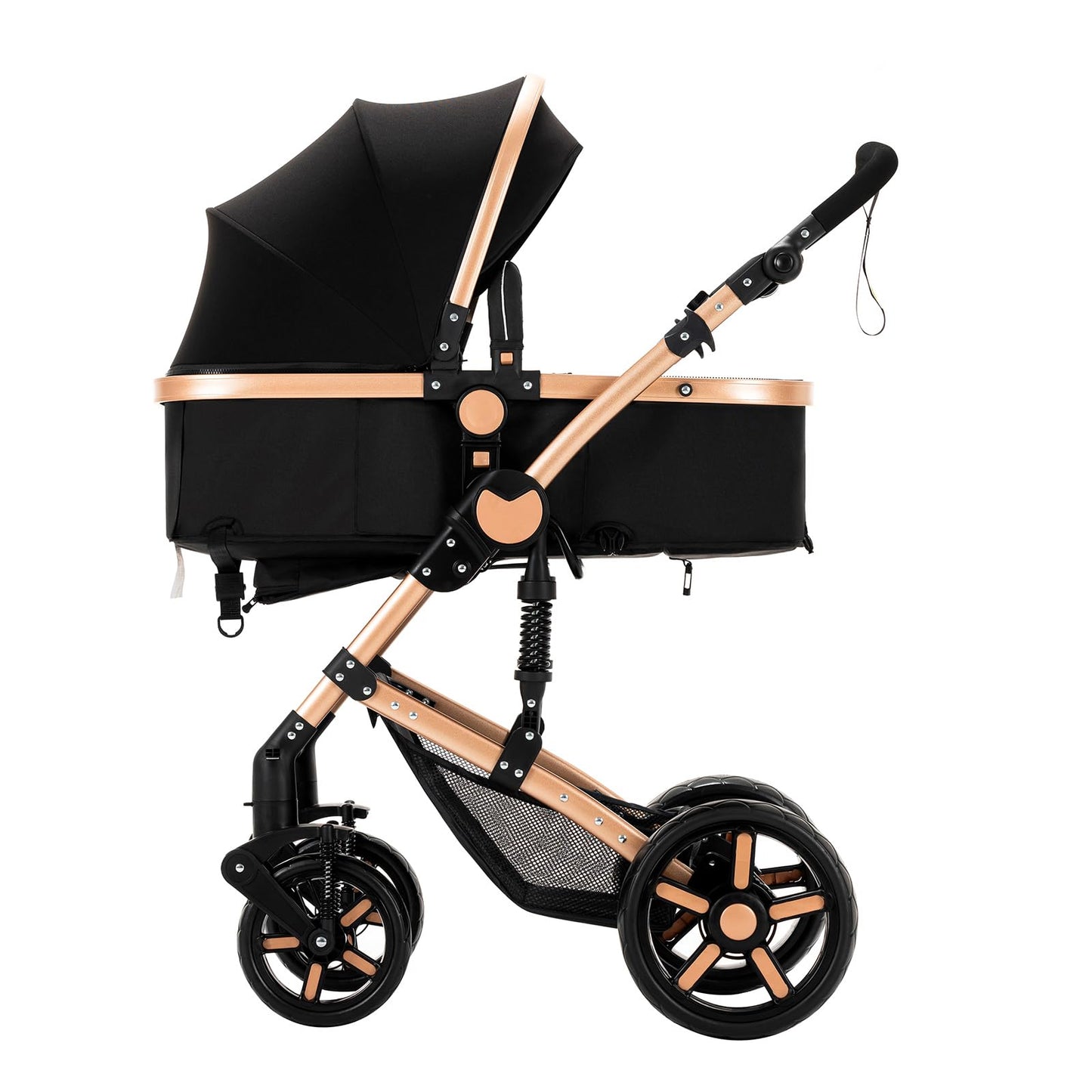 Prokoke Kinderwagen 3 in 1, Buggy mit Umkehrbarem Zwei-Wege-Schub, Kinderwagen Rahmen Aluminiumlegierung, Kombikinderwagen 3 in 1 Einem Klick Faltbar Baby Kleinkind Neugeborene (black gold 588)