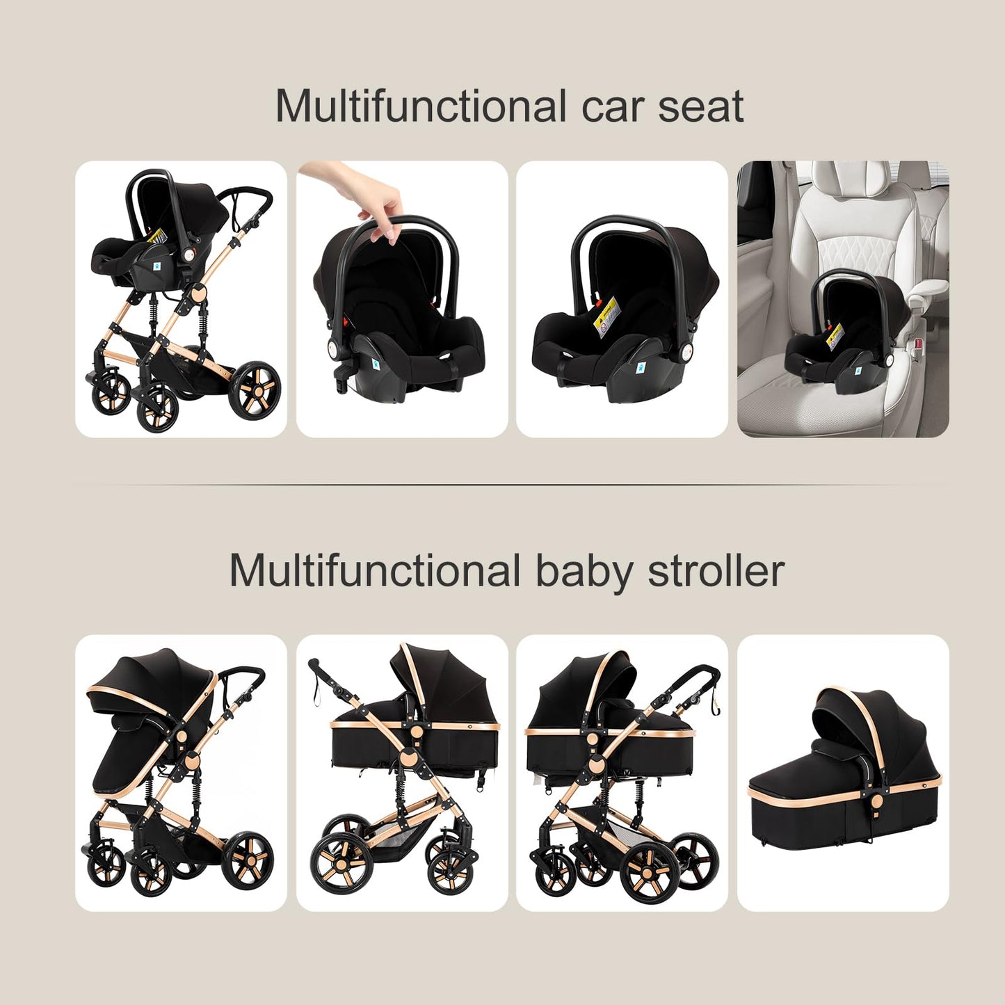 Prokoke Kinderwagen 3 in 1, Buggy mit Umkehrbarem Zwei-Wege-Schub, Kinderwagen Rahmen Aluminiumlegierung, Kombikinderwagen 3 in 1 Einem Klick Faltbar Baby Kleinkind Neugeborene (black gold 588)