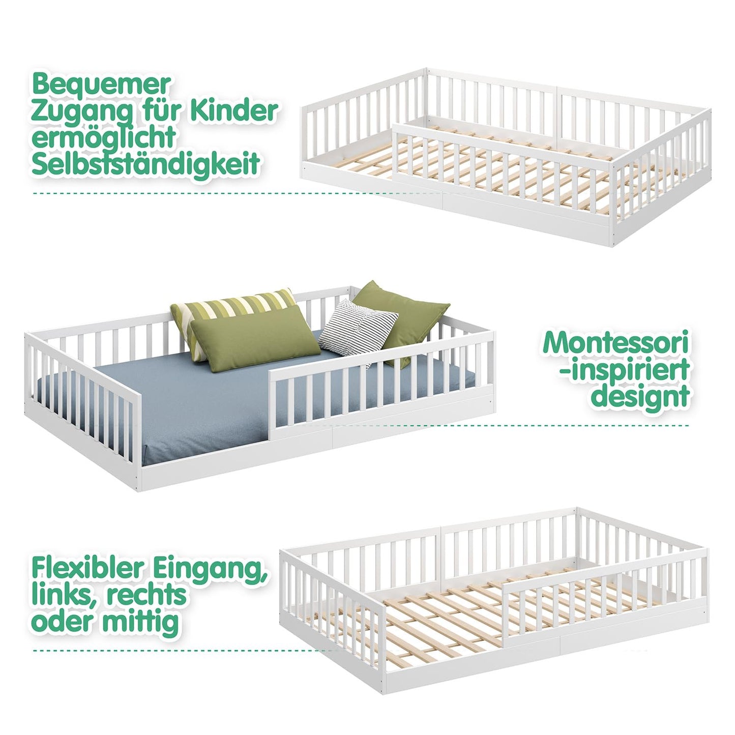 CADANI Timi 2in1 Bodenbett 120x200 cm Montessori Kinderbett mit abnehmbaren Rausfallschutz inkl. Lattenrost, Kiefer Massivholz, weiß - 3 Aufbauvarianten, bis 200 kg belastbar, umbaubar