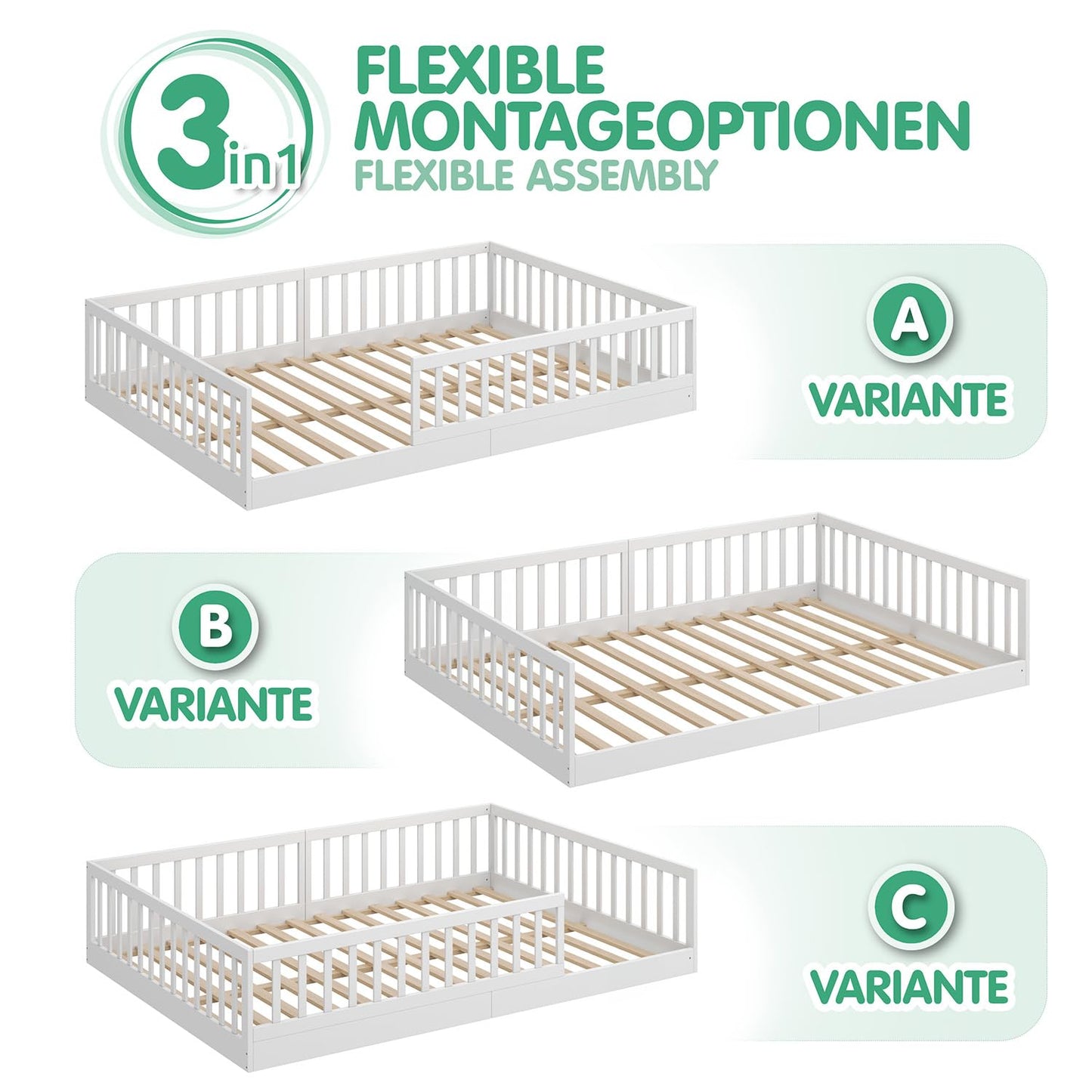 CADANI Timi 2in1 Bodenbett 120x200 cm Montessori Kinderbett mit abnehmbaren Rausfallschutz inkl. Lattenrost, Kiefer Massivholz, weiß - 3 Aufbauvarianten, bis 200 kg belastbar, umbaubar