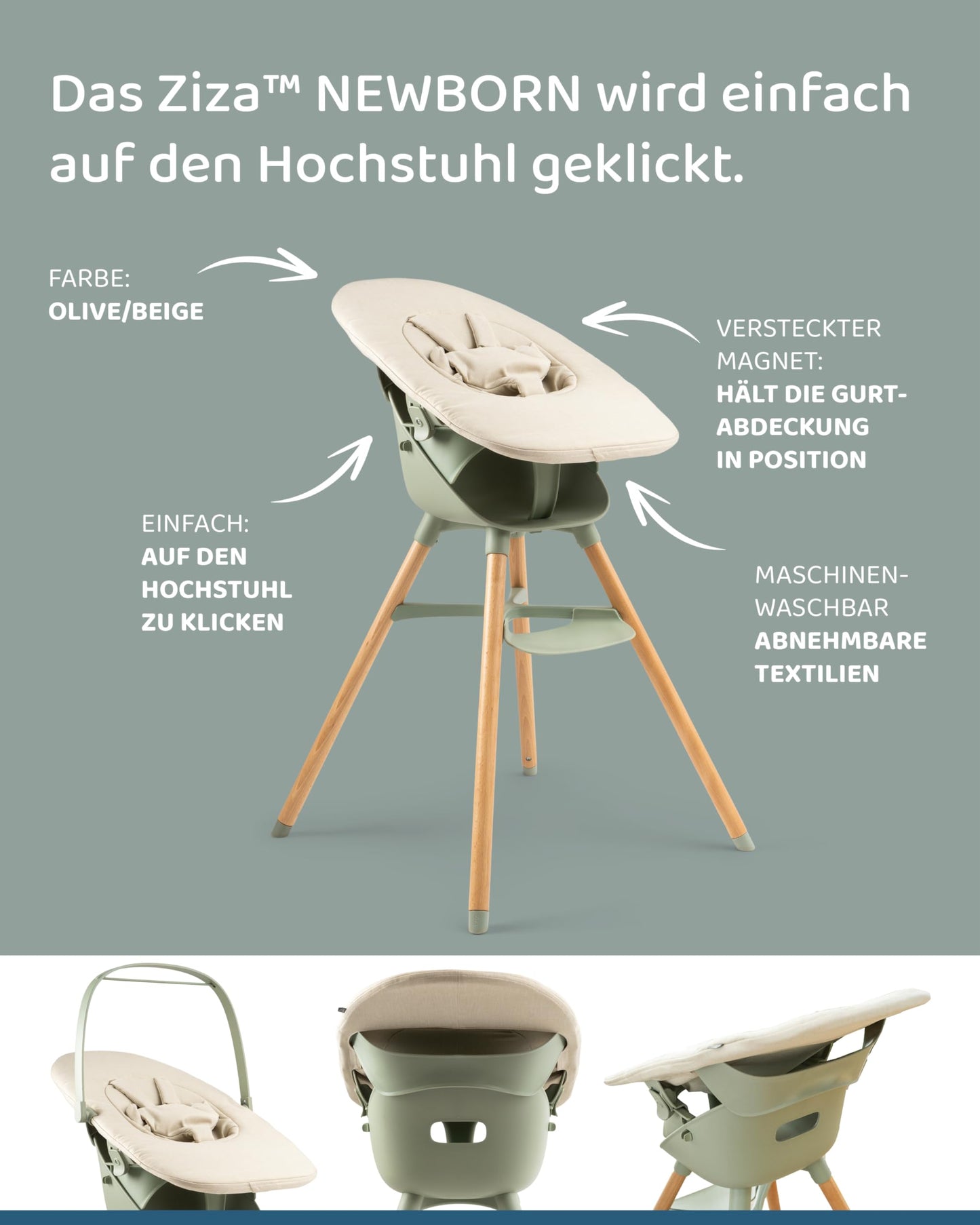 Ziza Newborn Neugeborenenaufsatz als Bundle mit Hochstuhl Olive/Beige - zur Nutzung ab Geburt, 5-Punkt-Gurt für optimalen Halt, Aus Polyester