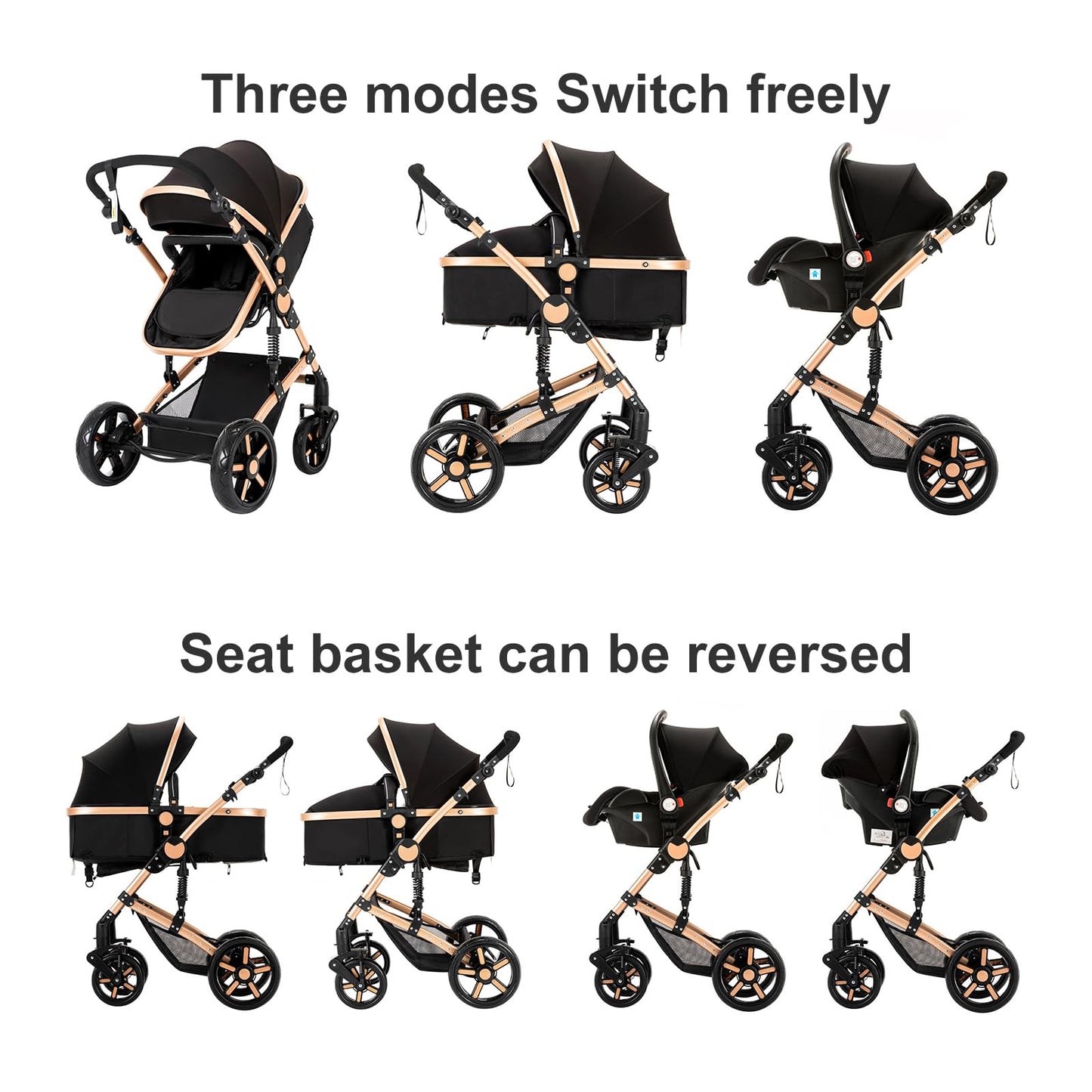 Prokoke Kinderwagen 3 in 1, Buggy mit Umkehrbarem Zwei-Wege-Schub, Kinderwagen Rahmen Aluminiumlegierung, Kombikinderwagen 3 in 1 Einem Klick Faltbar Baby Kleinkind Neugeborene (black gold 588)