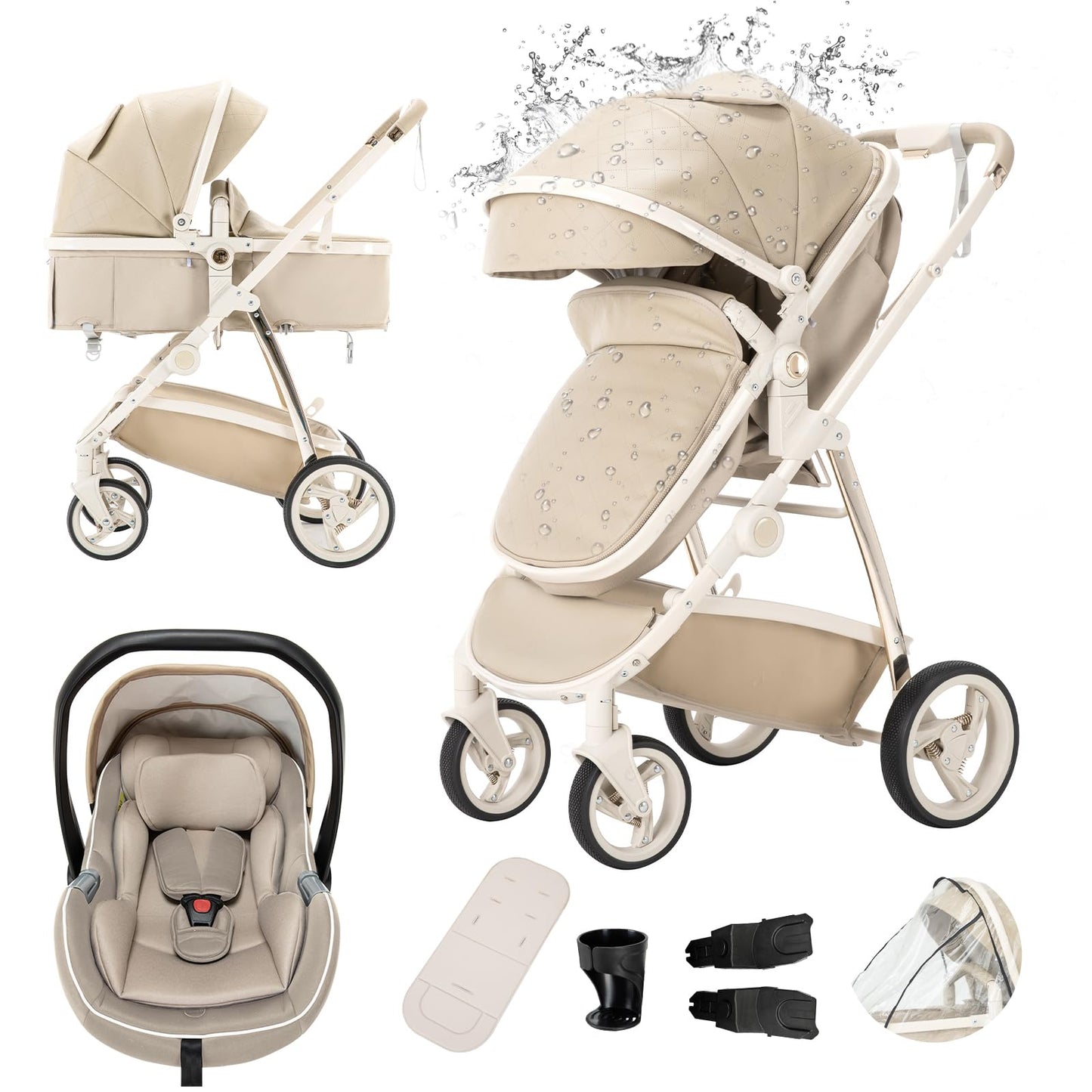 Gcarebb PU Leder 3 in 1 Kinderwagen, Buggy Mit Auto Babyschale, Mit Einem Klick Zusammenklappbarer Tragbarer Kinderwagen Komplettset, KombiKinderwagen Mit Aluminiumrahmen für Neugeborene 0-4 Jahre
