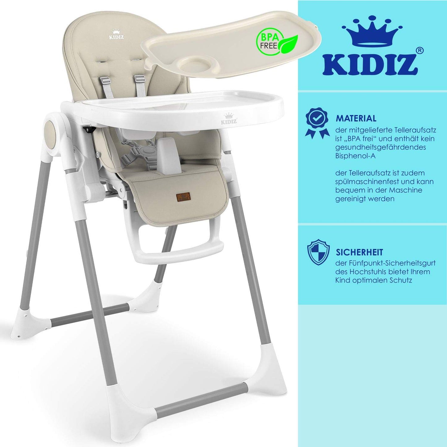 KIDIZ® 3in1 Hochstuhl Kinderhochstuhl inkl. Spielbügel, Babyliege, Kombihochstuhl Babyhochsitz,7 höhenverstellbar Verstellbare Rückenlehne, mitwachsend ab 0 bis 36 Monate Babystuhl, Beige
