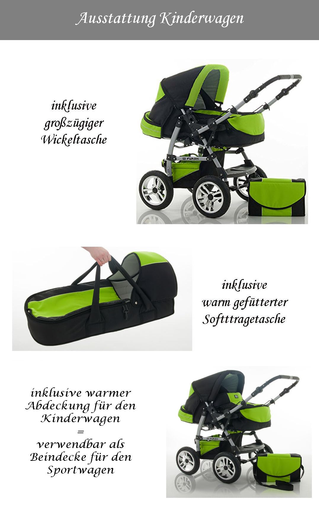 Kombi-Kinderwagen Flash 2 in 1 inkl. Sportsitz und umfangreichem Zubehör in 38 Farben
