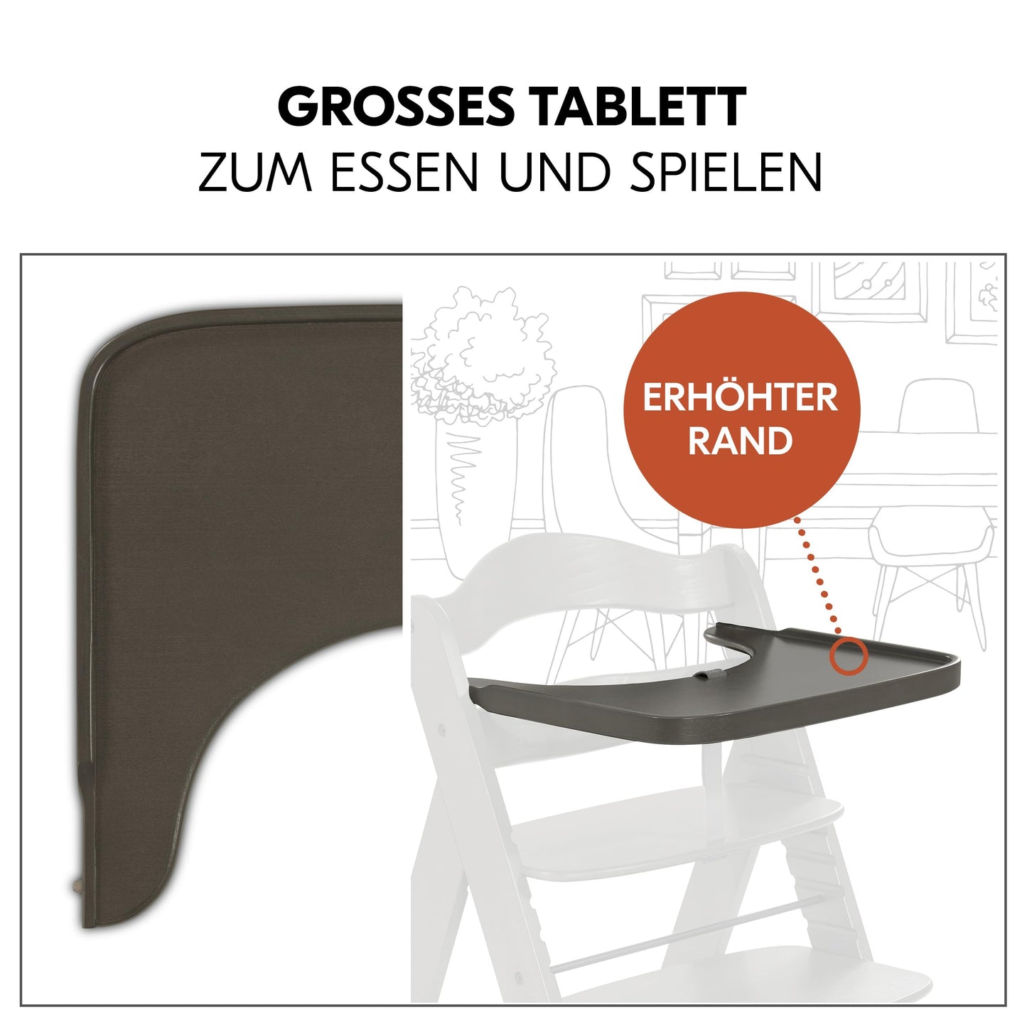 hauck Hochstuhl Alpha+ inkl. Tablett & Sitzpolster - Mitwachsender Babystuhl aus Holz, Kinderhochstuhl ab 6 Monate, verstellbar - Charcoal