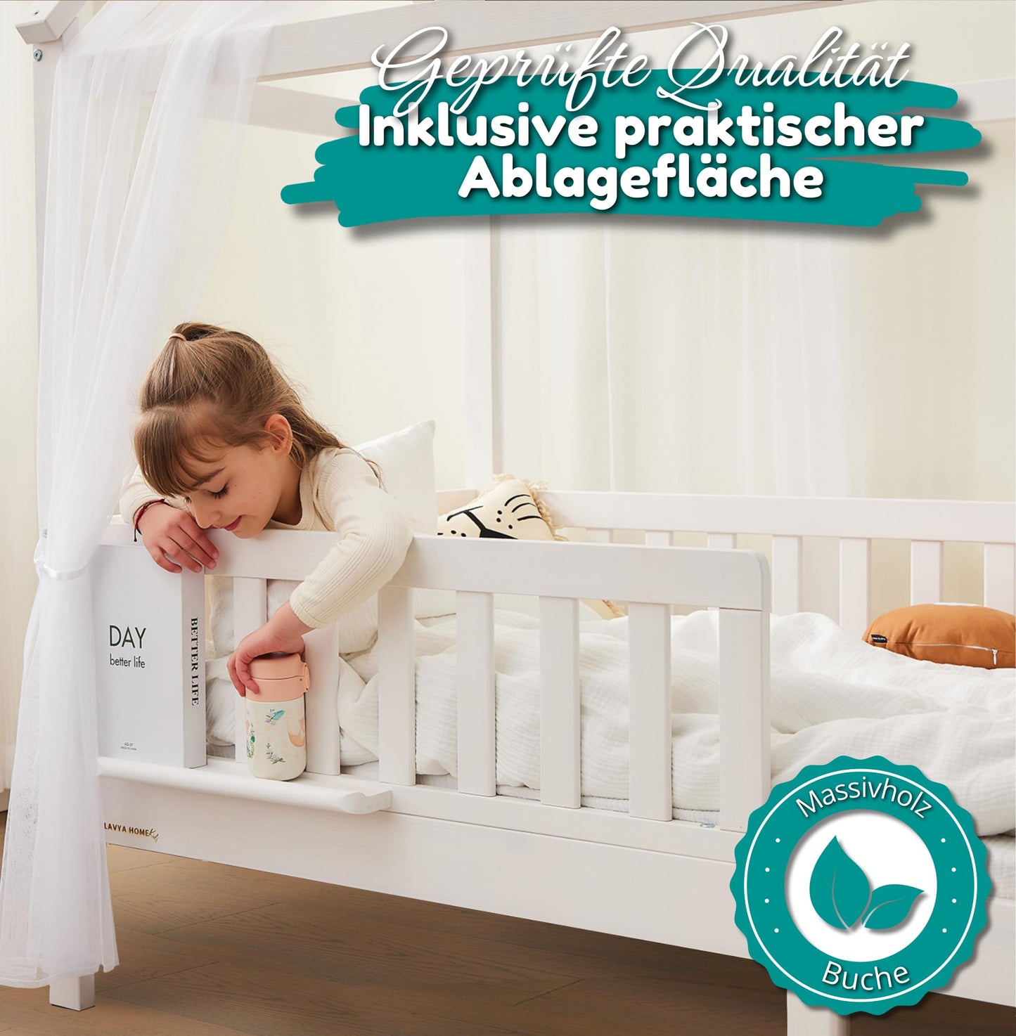 ALAVYA HOME® Hausbett 90x200 mit Rausfallschutz und Lattenrost | Kinderbett 90x200 für Mädchen und Jungen Massivholz der Buche FSC zertifizierter Haus Kinder Bett Montessori Jugendbett - Weiß