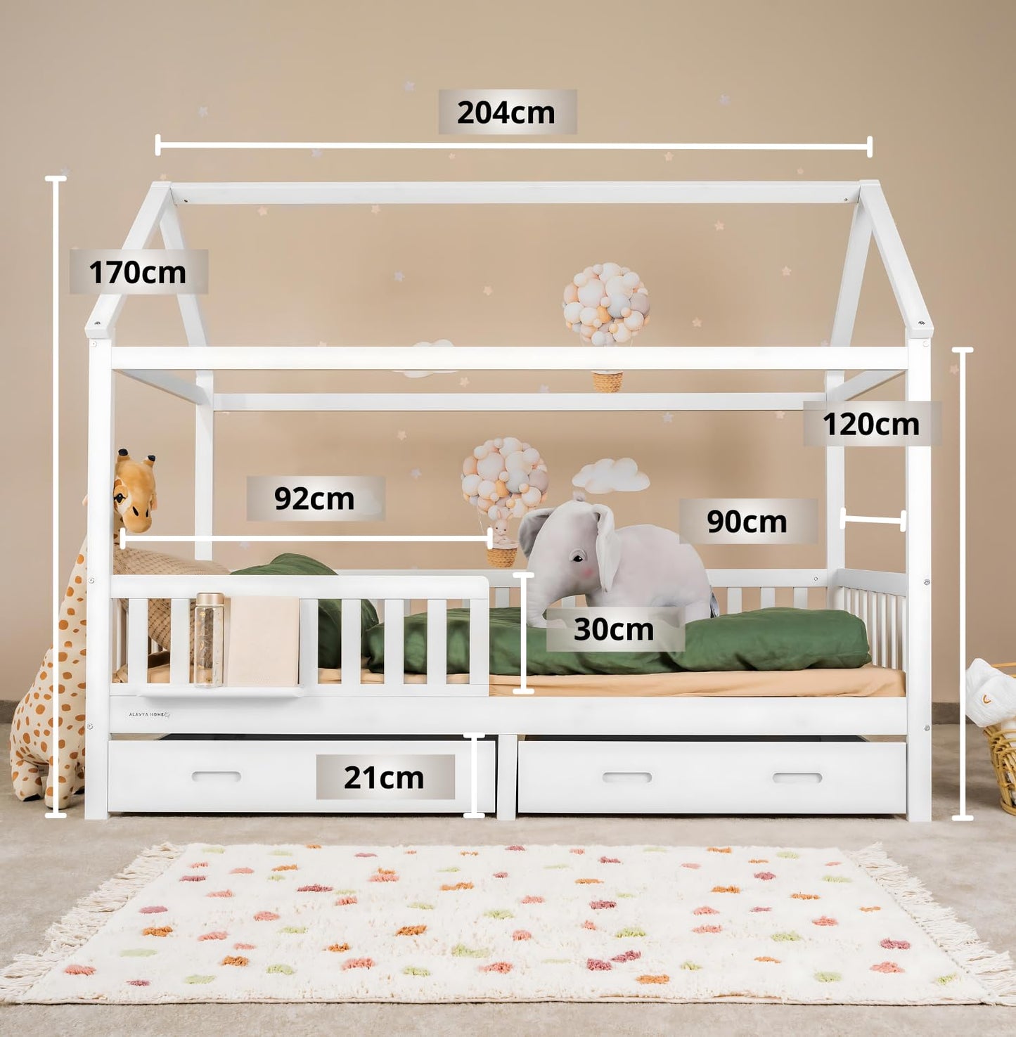 ALAVYA HOME® Hausbett KOMPLETT Set mit Musselin DEKO I Kinderbett 90x200 cm mit Schubladen inkl. 100% Bio-Musselin, Baumwolle Deko und Matratze I Massivholzbett mit Rausfallschutz und Lattenrost