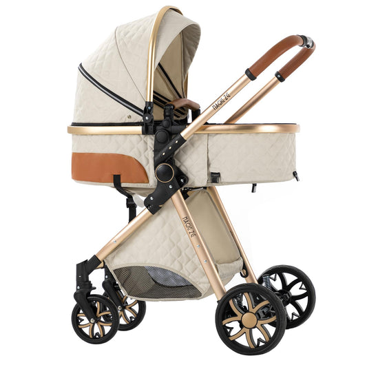 MoLi Kinderwagen 3 in 1, Kinderwagen mit Umkehrbarem Doppelschiebemodus, Buggy mit Großer Bequemer Babywanne, Kombikinderwagen 3 in 1 Rahmen Aluminiumlegierung Faltbar Hohe Landschaft (Creamy White)
