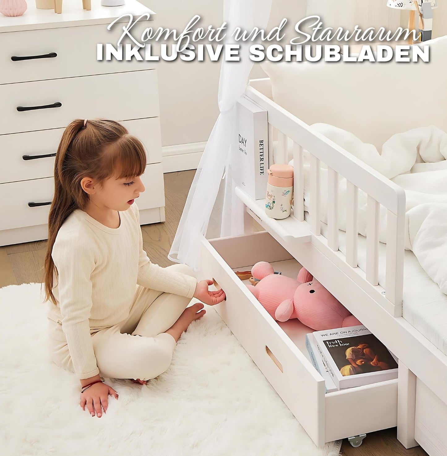 ALAVYA HOME® Hausbett 90x200 mit Schublade, Matratze und 4-TLG DEKO Set Rosa, inkl. Buchablage Rausfallschutz und Lattenrost | Massivholz der Buche FSC zertifizierter Kinderbett 90x200 - Weiß