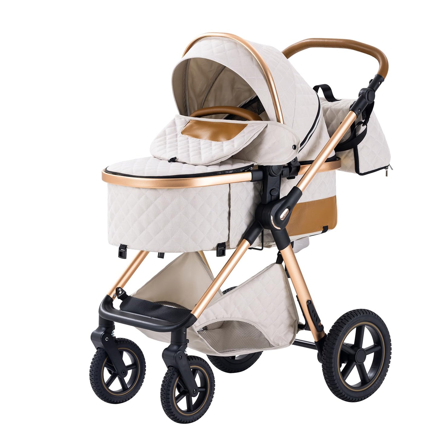 BEBBY 3-in-1 Kinderwagen KombiKinderwagen-Set 2-in-1 Buggy faltbar Luxus Hochlandschaft Neugeborenes Tragbarer Zusammenklappbarer Kinderwagen Travel System (Rice white, H2)