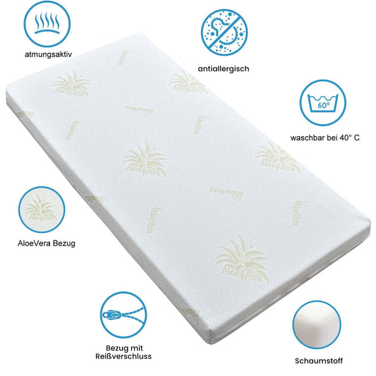 Generisch Baby Delux Babybett 60x120 Kinderbett umbaubar zum Juniorbett weiß mit Schublade und Aloe Vera Matratze höhenverstellbar mit Schlupfsprossen (Mia Schublade Schutzgitter)