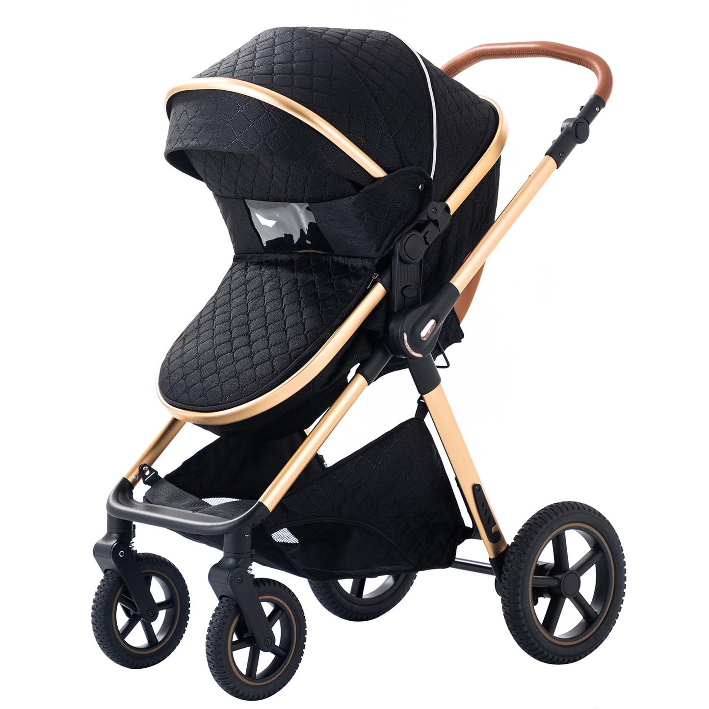 BEBBY 3-in-1 Kinderwagen KombiKinderwagen-Set 2-in-1 Buggy faltbar Luxus Hochlandschaft Neugeborenes Tragbarer Zusammenklappbarer Kinderwagen Travel System (Blackgold, H2)