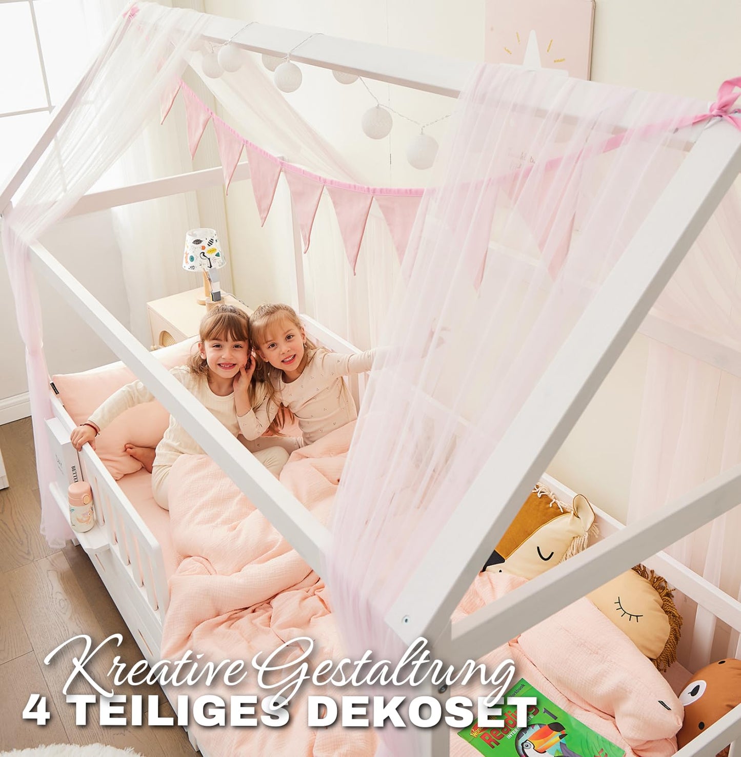 ALAVYA HOME® Hausbett 90x200 mit Schublade, Matratze und 4-TLG DEKO Set Rosa, inkl. Buchablage Rausfallschutz und Lattenrost | Massivholz der Buche FSC zertifizierter Kinderbett 90x200 - Weiß