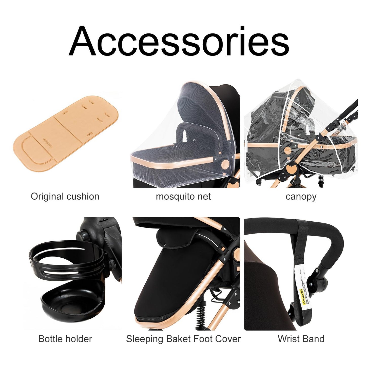 Prokoke Kinderwagen 3 in 1, Buggy mit Umkehrbarem Zwei-Wege-Schub, Kinderwagen Rahmen Aluminiumlegierung, Kombikinderwagen 3 in 1 Einem Klick Faltbar Baby Kleinkind Neugeborene (black gold 588)