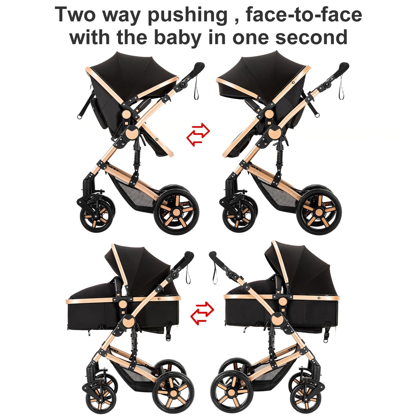 Prokoke Kinderwagen 3 in 1, Buggy mit Umkehrbarem Zwei-Wege-Schub, Kinderwagen Rahmen Aluminiumlegierung, Kombikinderwagen 3 in 1 Einem Klick Faltbar Baby Kleinkind Neugeborene (black gold 588)