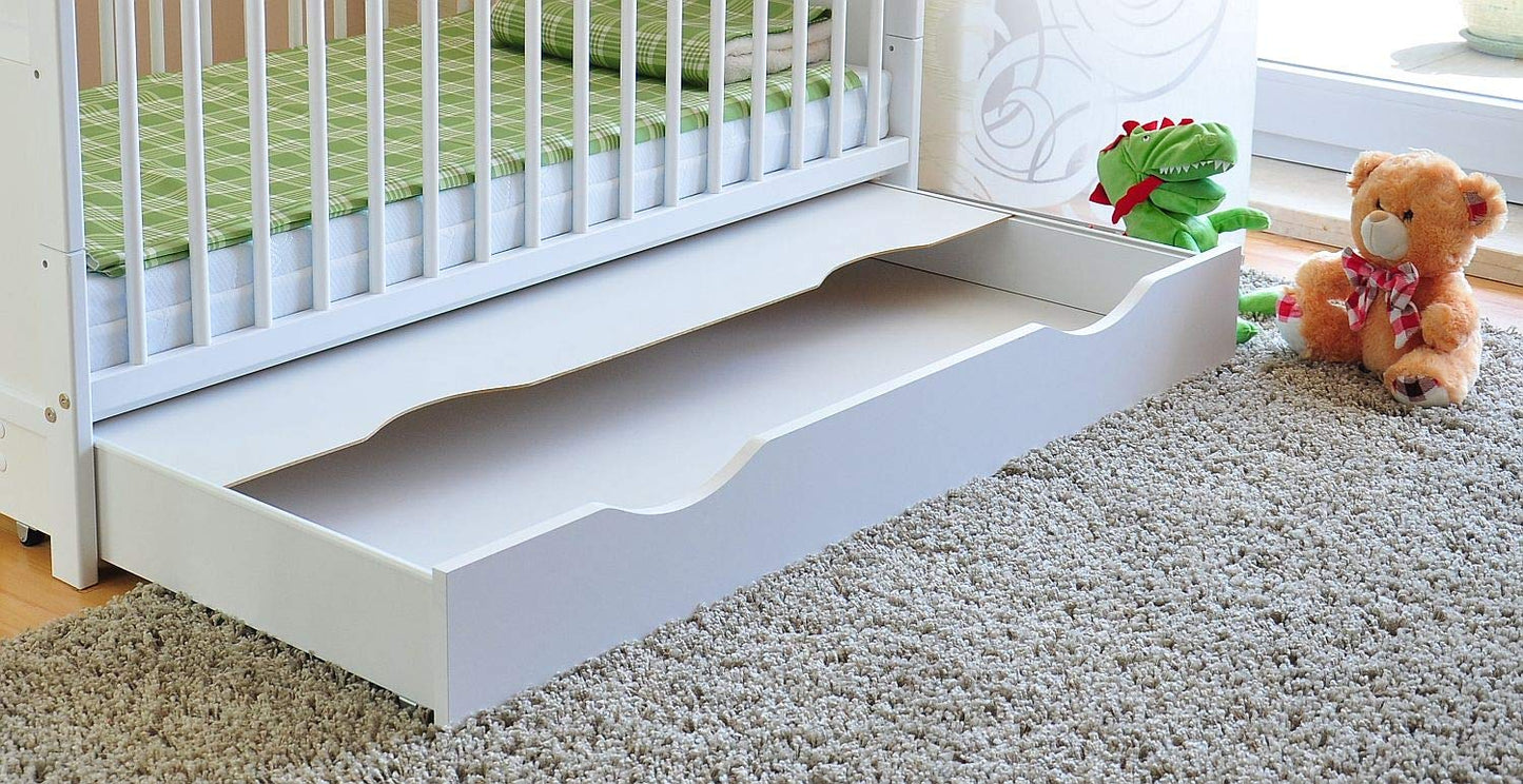 Marsell Baby Gitterbett mit Schublade mit Deckel Babybett Kinderbett mit Aloe Vera Schaumstoffmatratze Zahnschienen höhenverstellbar Weiß umbaubar zum Juniorbett
