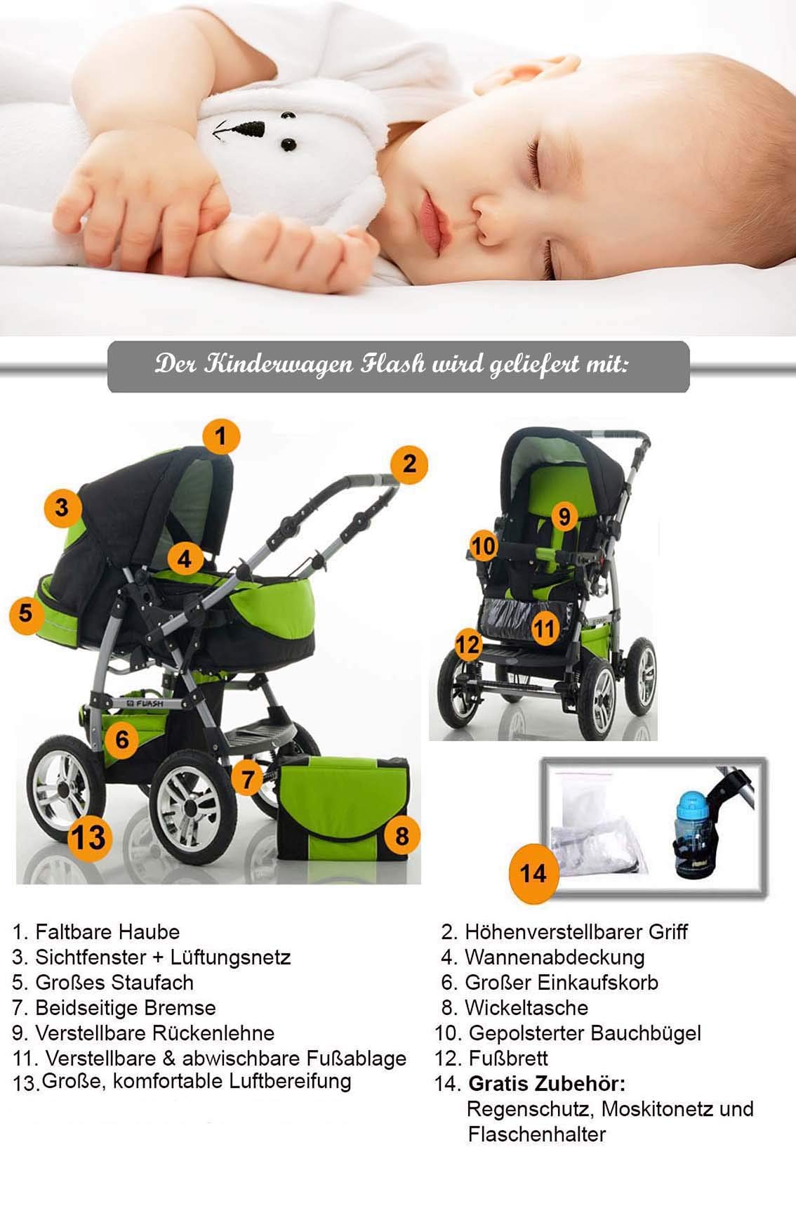 Kombi-Kinderwagen Flash 2 in 1 inkl. Sportsitz und umfangreichem Zubehör in 38 Farben