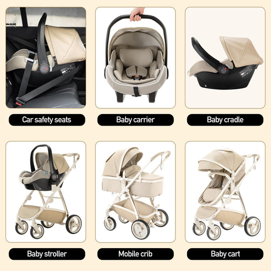 Gcarebb PU Leder 3 in 1 Kinderwagen, Buggy Mit Auto Babyschale, Mit Einem Klick Zusammenklappbarer Tragbarer Kinderwagen Komplettset, KombiKinderwagen Mit Aluminiumrahmen für Neugeborene 0-4 Jahre