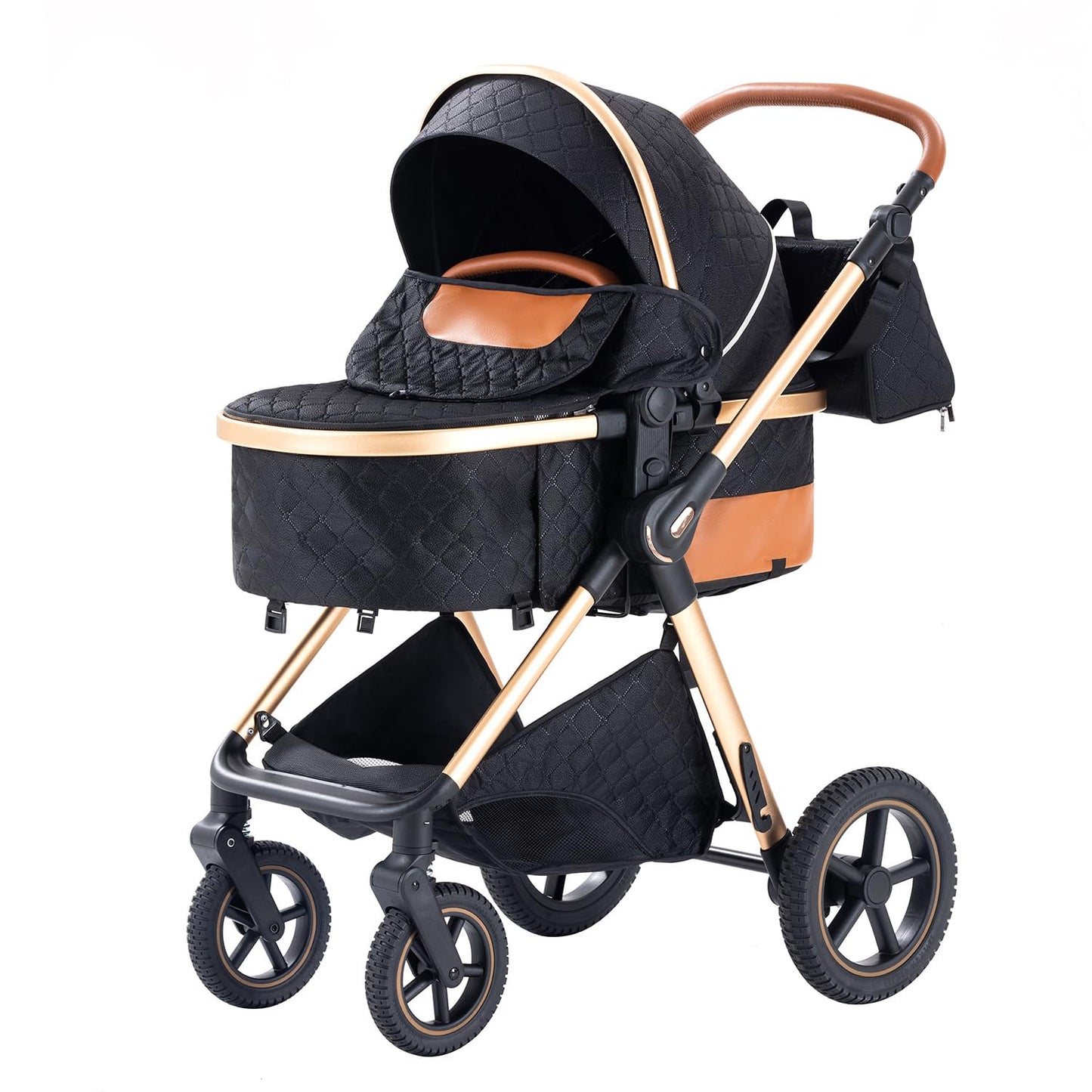 BEBBY 3-in-1 Kinderwagen KombiKinderwagen-Set 2-in-1 Buggy faltbar Luxus Hochlandschaft Neugeborenes Tragbarer Zusammenklappbarer Kinderwagen Travel System (Blackgold, H2)