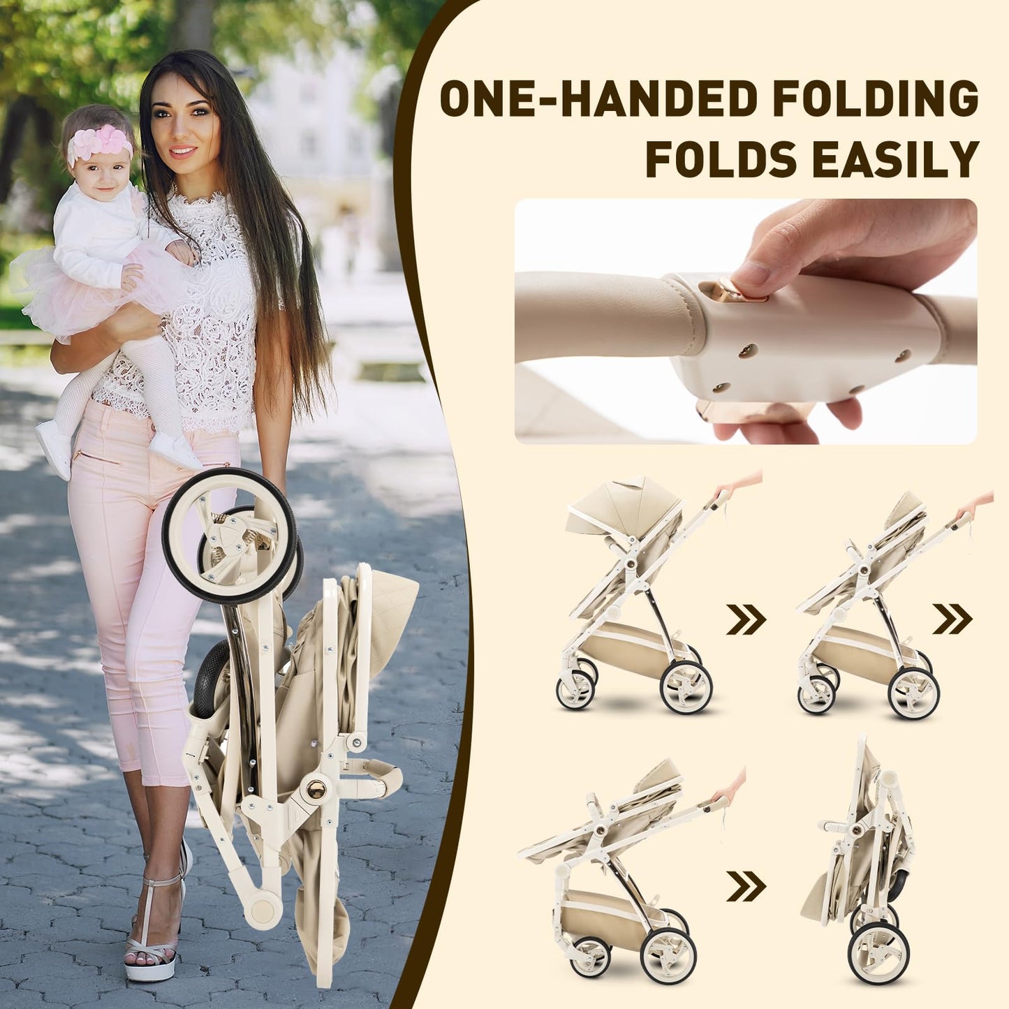 Gcarebb PU Leder 3 in 1 Kinderwagen, Buggy Mit Auto Babyschale, Mit Einem Klick Zusammenklappbarer Tragbarer Kinderwagen Komplettset, KombiKinderwagen Mit Aluminiumrahmen für Neugeborene 0-4 Jahre