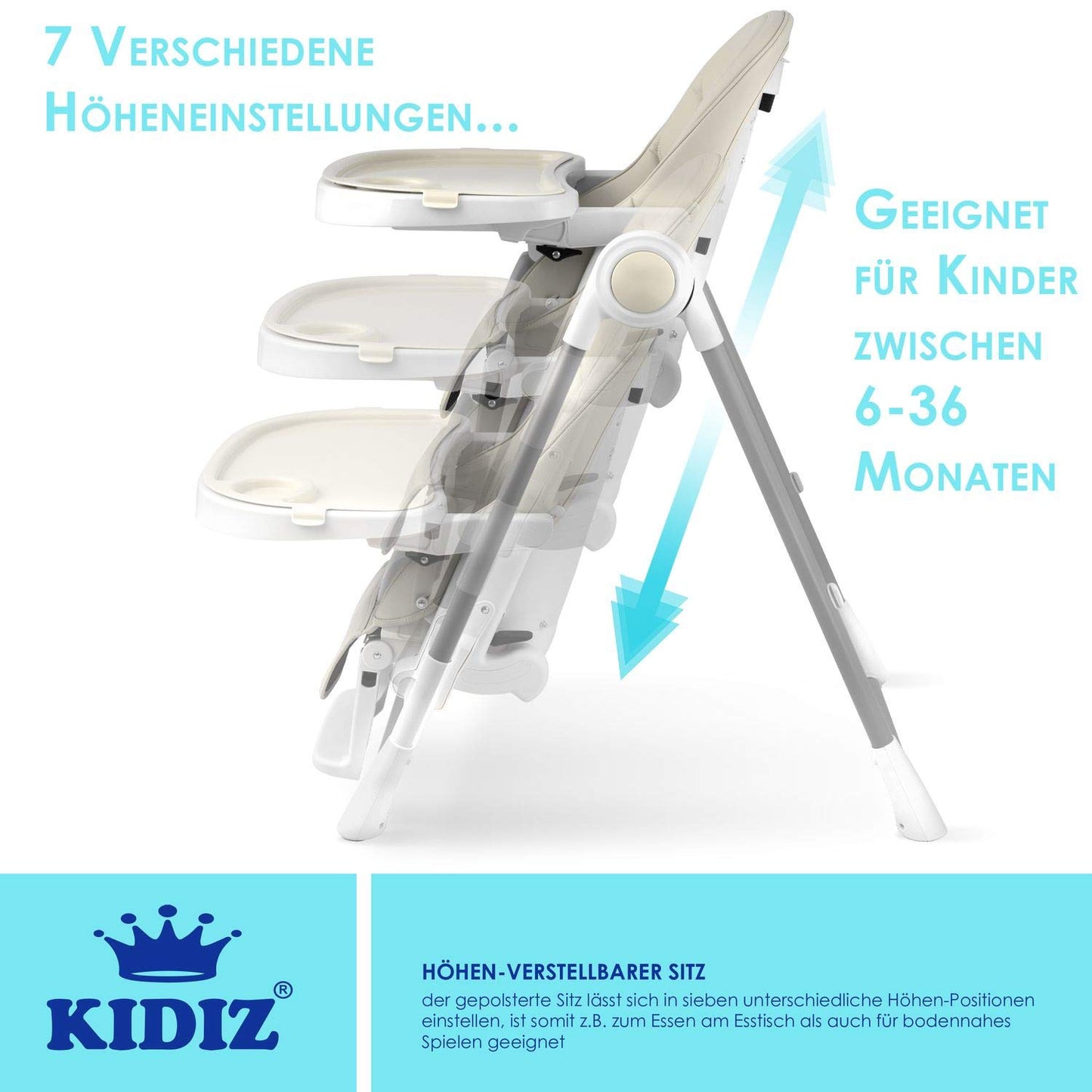 KIDIZ® 3in1 Hochstuhl Kinderhochstuhl inkl. Spielbügel, Babyliege, Kombihochstuhl Babyhochsitz,7 höhenverstellbar Verstellbare Rückenlehne, mitwachsend ab 0 bis 36 Monate Babystuhl, Beige