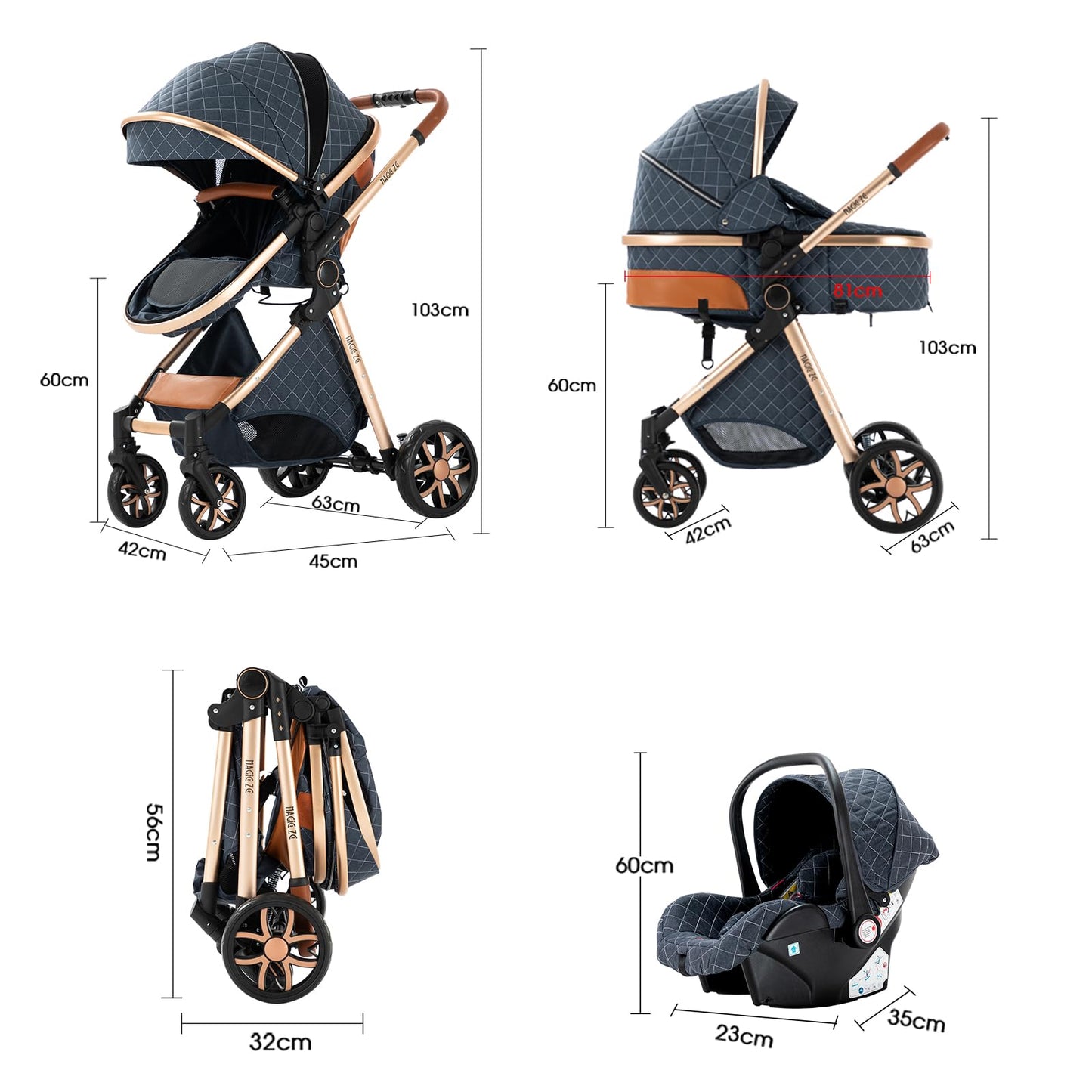 MoLi Kinderwagen 3 in 1, Kinderwagen mit Umkehrbarem Doppelschiebemodus, Buggy mit Großer Bequemer Babywanne, Kombikinderwagen 3 in 1 Rahmen Aluminiumlegierung Faltbar Hohe Landschaft (Creamy White)