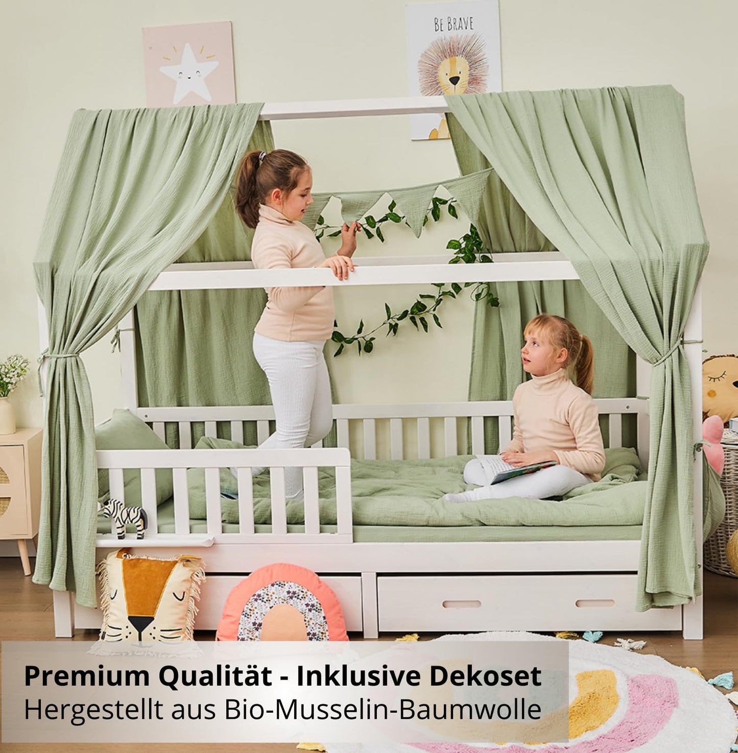 ALAVYA HOME® Hausbett KOMPLETT Set mit Musselin DEKO I Kinderbett 90x200 cm mit Schubladen inkl. 100% Bio-Musselin, Baumwolle Deko und Matratze I Massivholzbett mit Rausfallschutz und Lattenrost