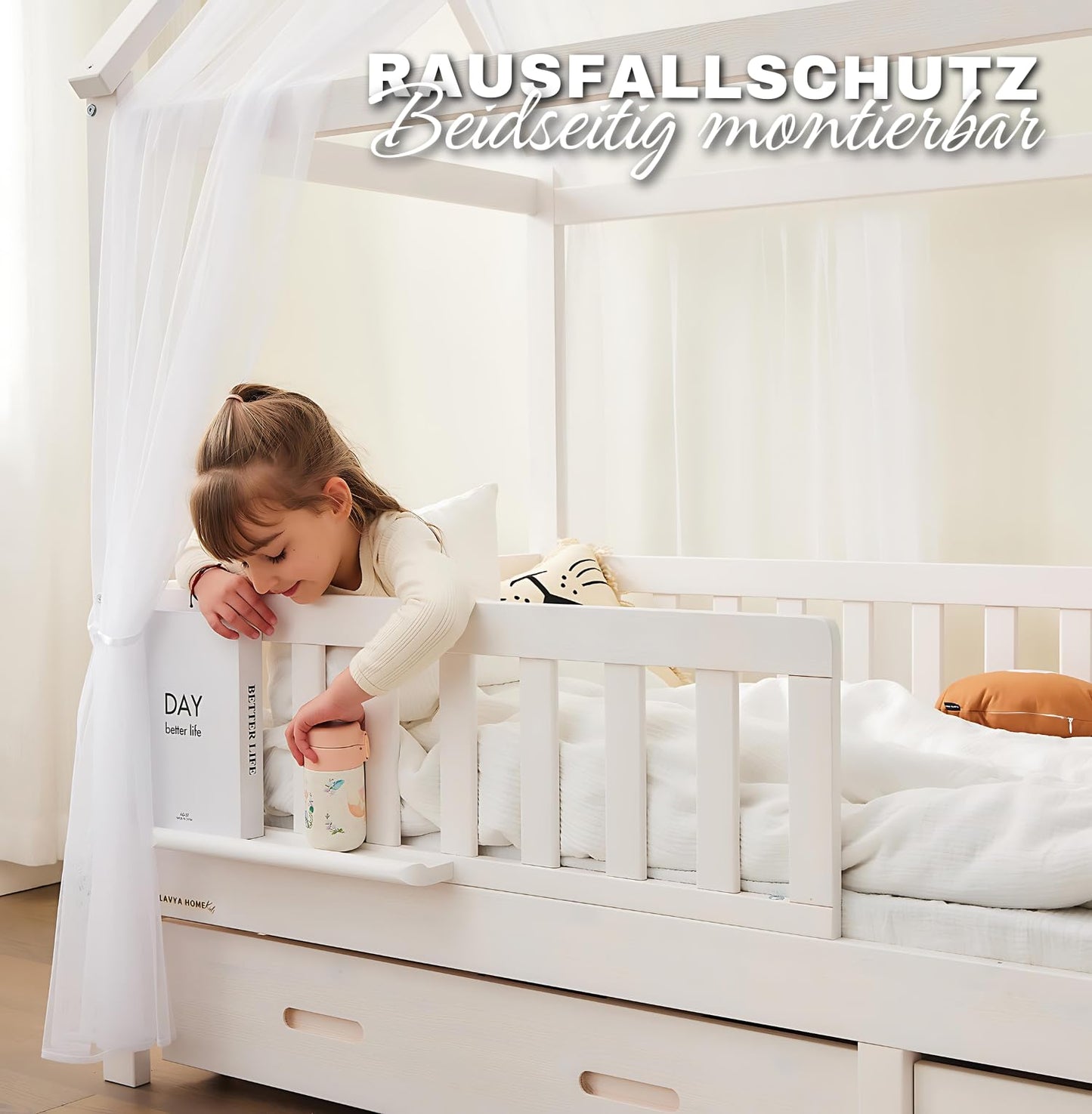 ALAVYA HOME® Hausbett 90x200 mit Schublade, Matratze und 4-TLG DEKO Set Rosa, inkl. Buchablage Rausfallschutz und Lattenrost | Massivholz der Buche FSC zertifizierter Kinderbett 90x200 - Weiß