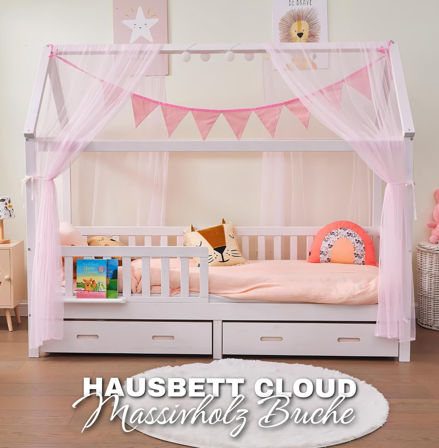 ALAVYA HOME® Hausbett 90x200 mit Schublade, Matratze und 4-TLG DEKO Set Rosa, inkl. Buchablage Rausfallschutz und Lattenrost | Massivholz der Buche FSC zertifizierter Kinderbett 90x200 - Weiß