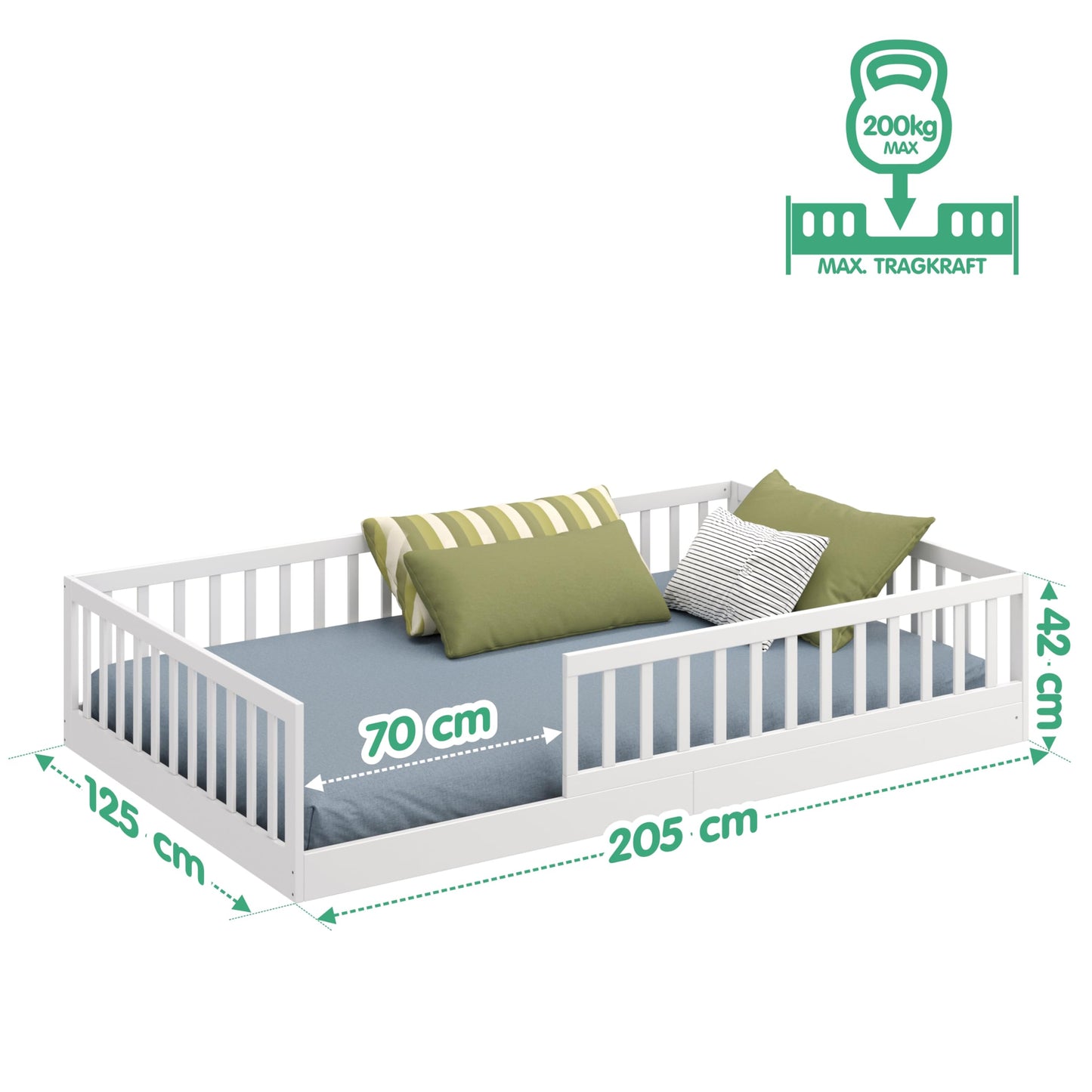 CADANI Timi 2in1 Bodenbett 120x200 cm Montessori Kinderbett mit abnehmbaren Rausfallschutz inkl. Lattenrost, Kiefer Massivholz, weiß - 3 Aufbauvarianten, bis 200 kg belastbar, umbaubar