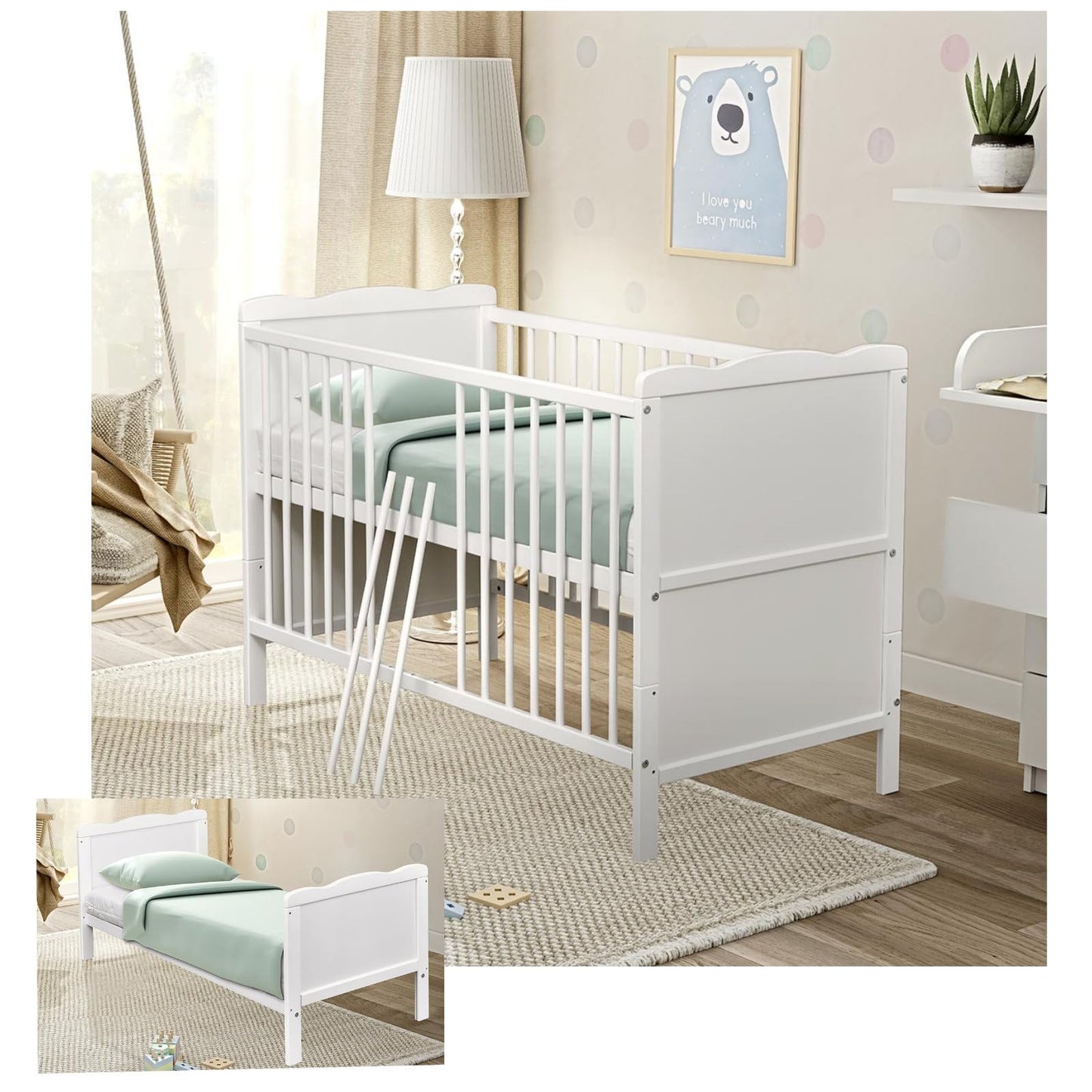 Baby Delux Babybett 70x140 cm weiß Kinderbett umbaubar zum Juniorbett mit Beißschienen Jack Kiefer Massivholz
