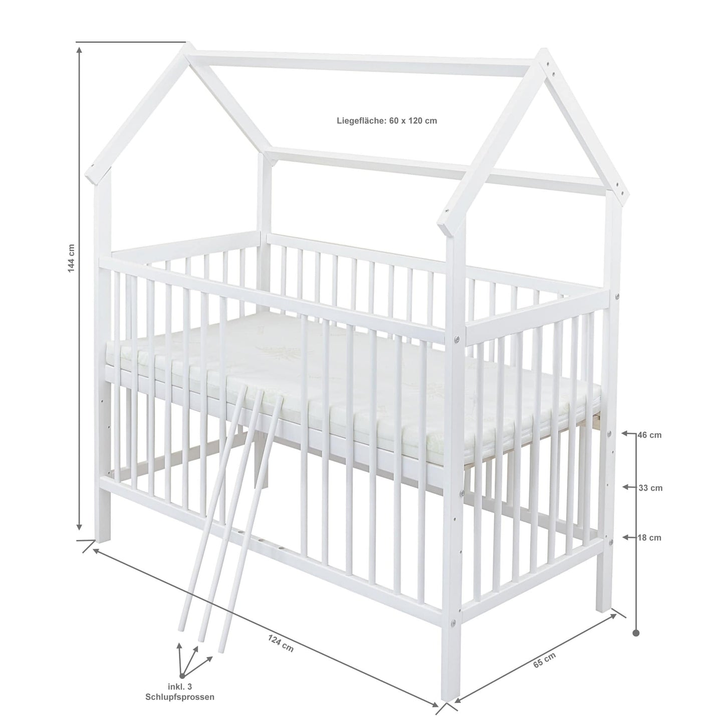 Baby Delux Babybett Komplett Set Hausbett 60x120 cm weiß Rausfallschutz Kinderbett Matratze Bettwäsche Deko Set (Musselin Himmel, Rosa Musselin Waffelpique)